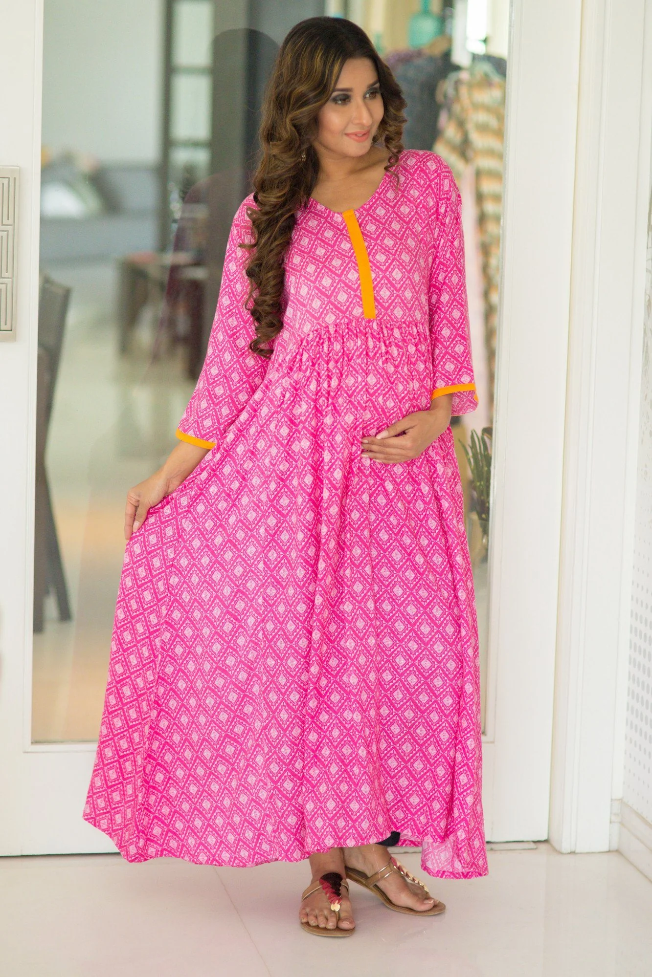 Rose Pink Front Zip Long Anarkali Dress - Chenance