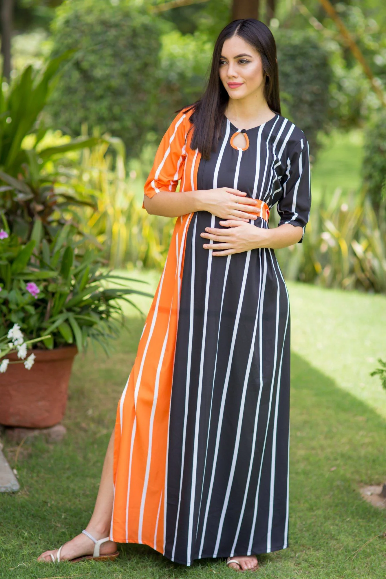 Striped Sage Side Slit Maternity & Feeding Dress - Chenance