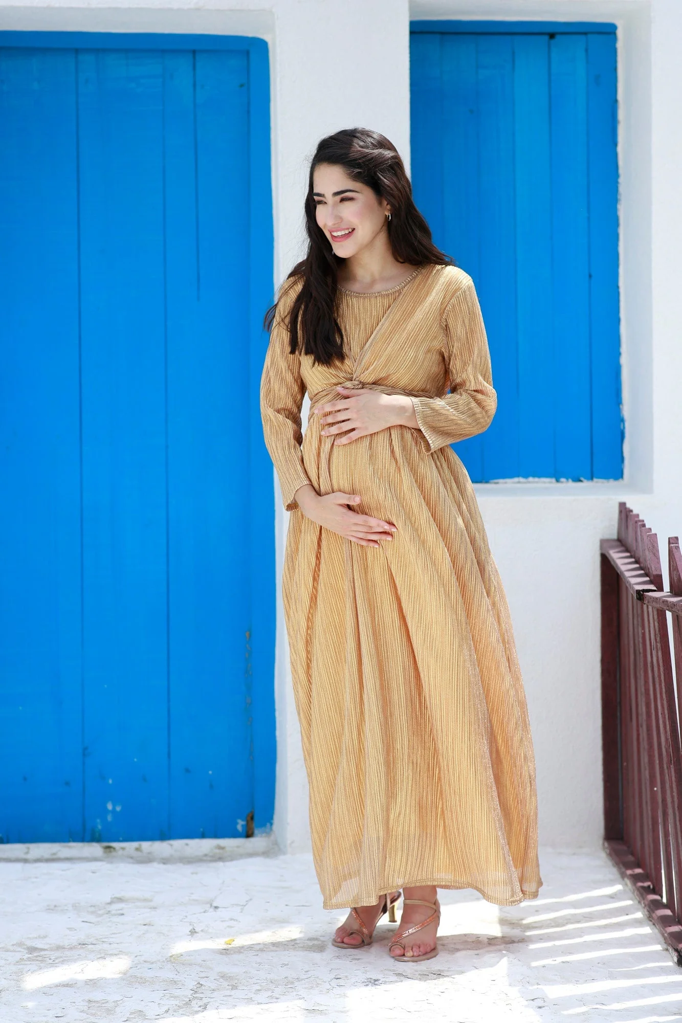 Luxe Golden Shimmery Maternity Knot Dress - Chenance