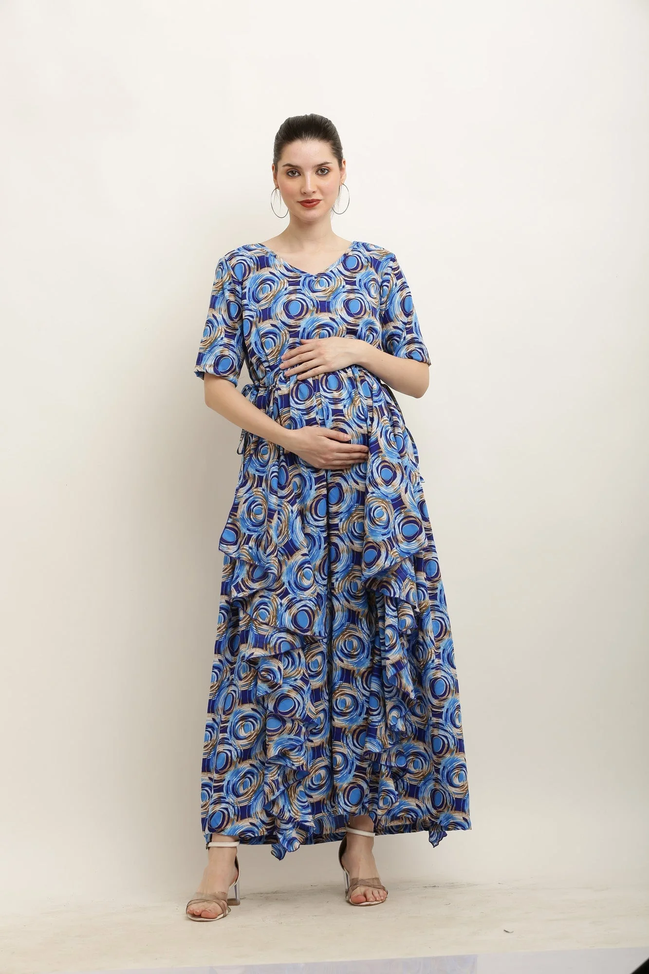 Blue Monochrome Spiral Maternity Flow Dress - Chenance