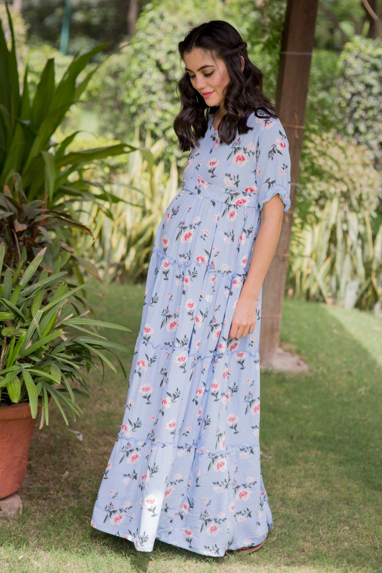 Multilayer Baby Blue Frill Maternity & Nursing Dress - Chenance