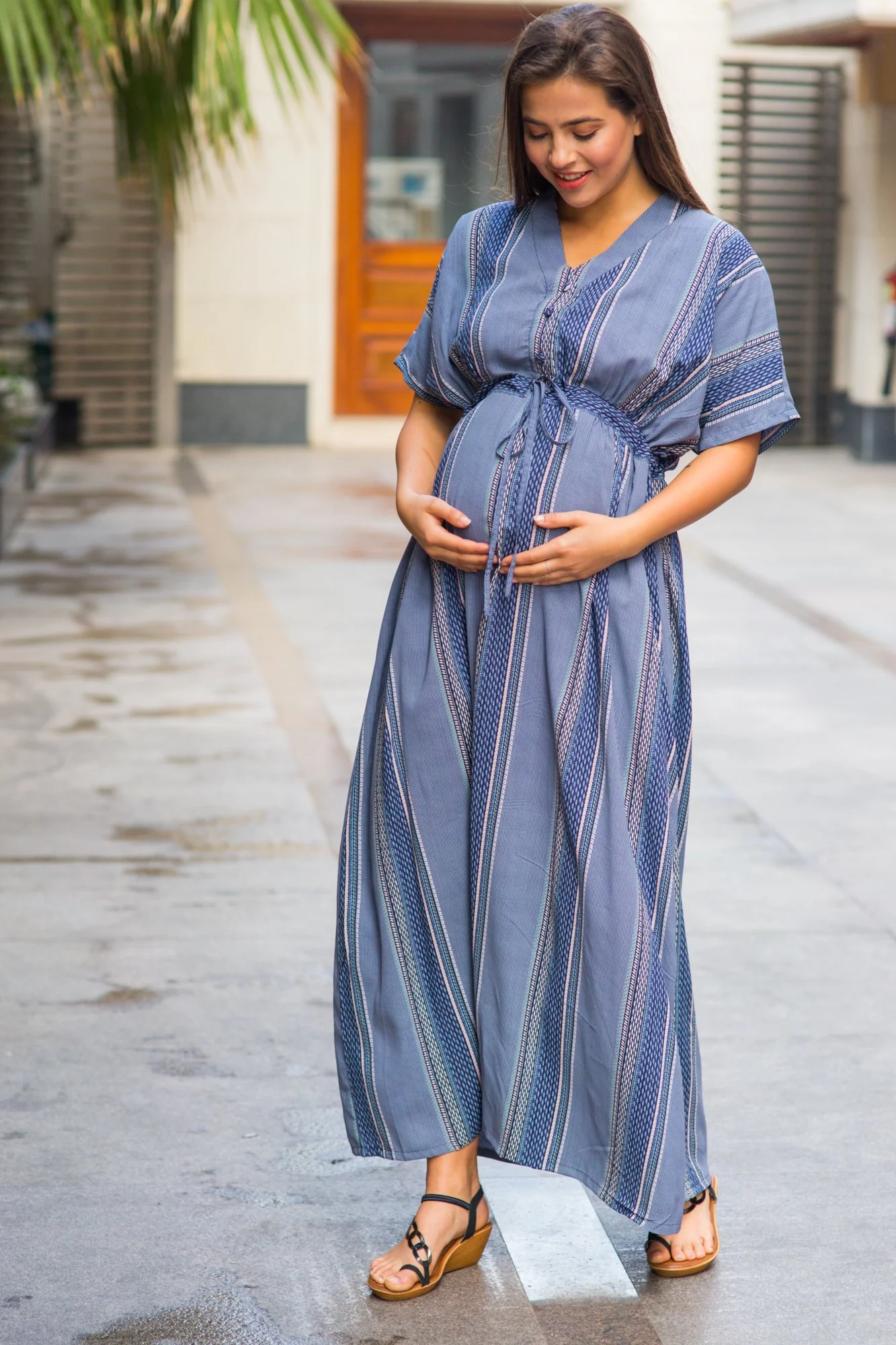 Set of 2 - Kimono Indigo Stripe Delivery Gown + Matching Baby Swaddle - Chenance