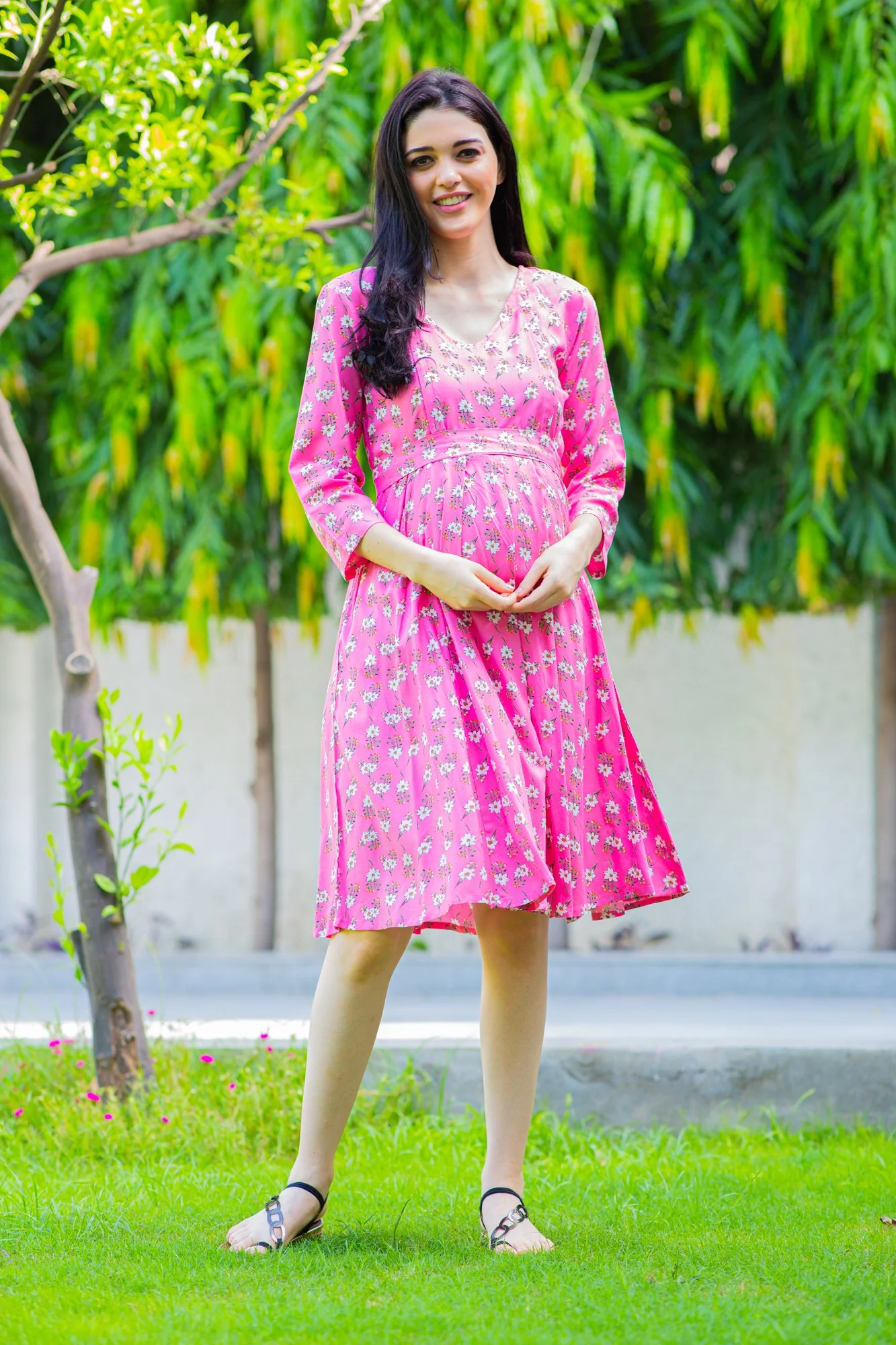 Pink Concealed Zips Maternity and Nursing Dress - Chenance