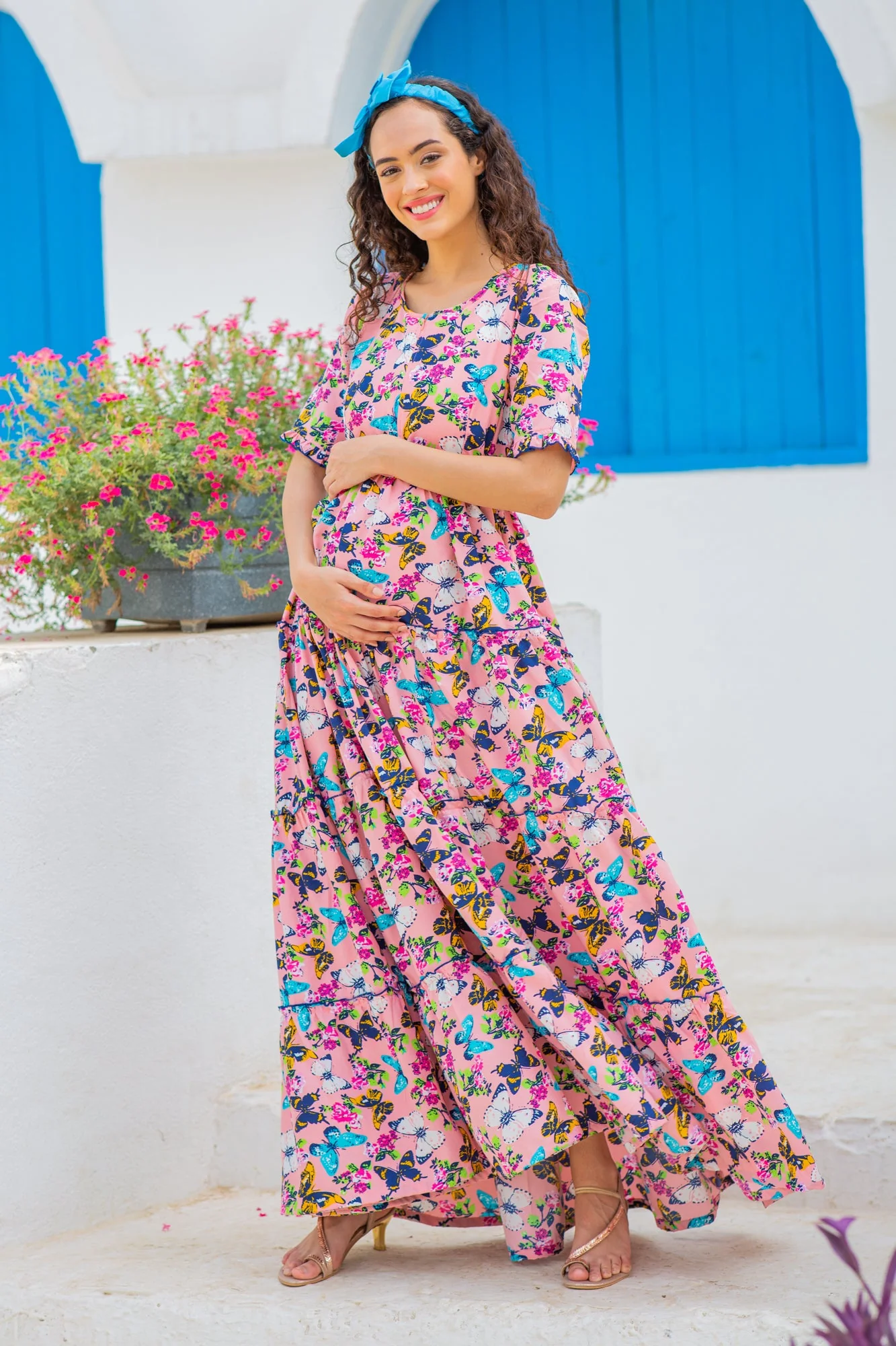 Jolly Butterflying Pink Multilayer Frill Single Concealed Zip Maternity & Nursing Dress - Chenance