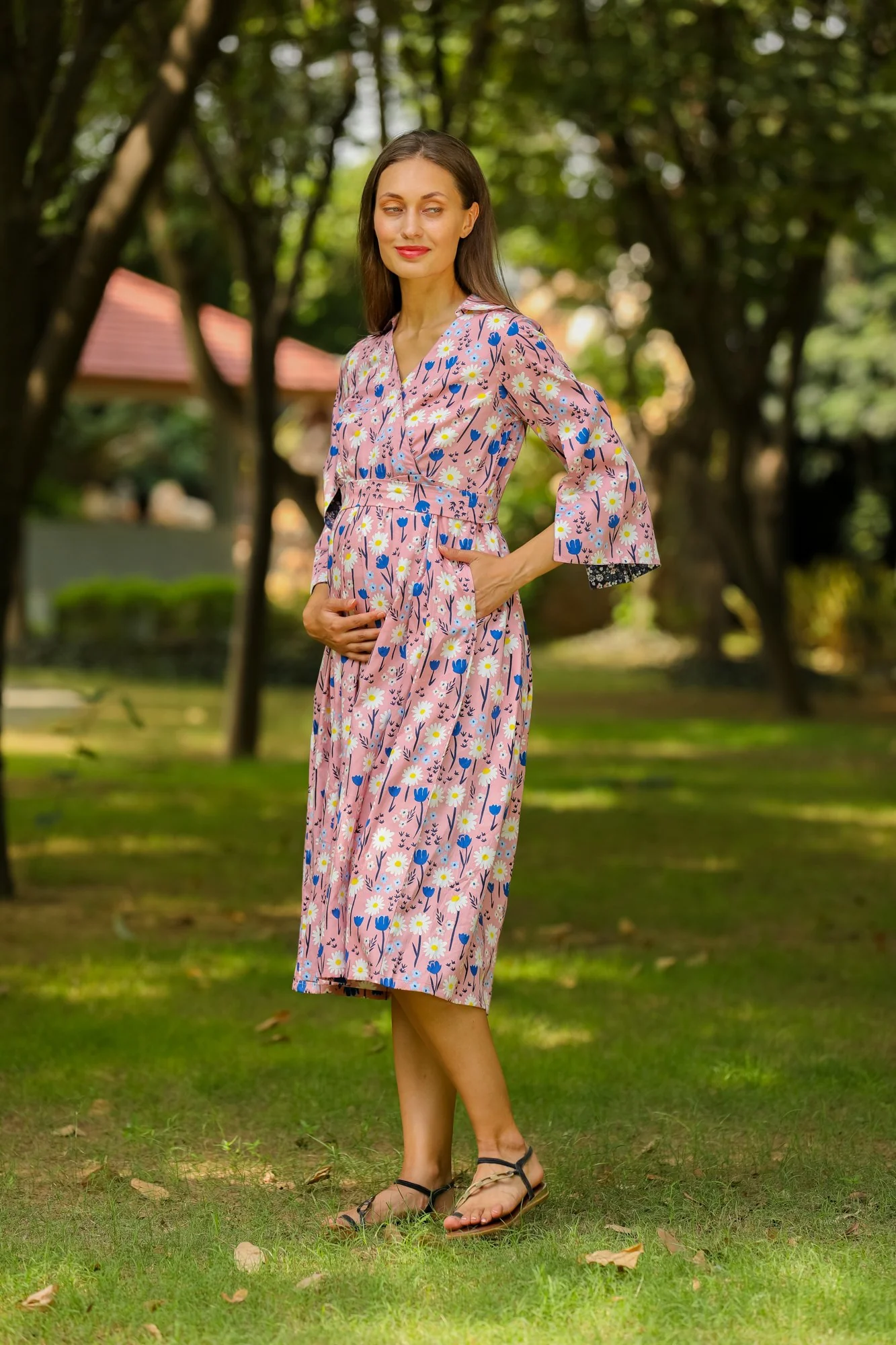 Carolina Pink Floral Unique Sleeves Maternity & Nursing Dress - Chenance