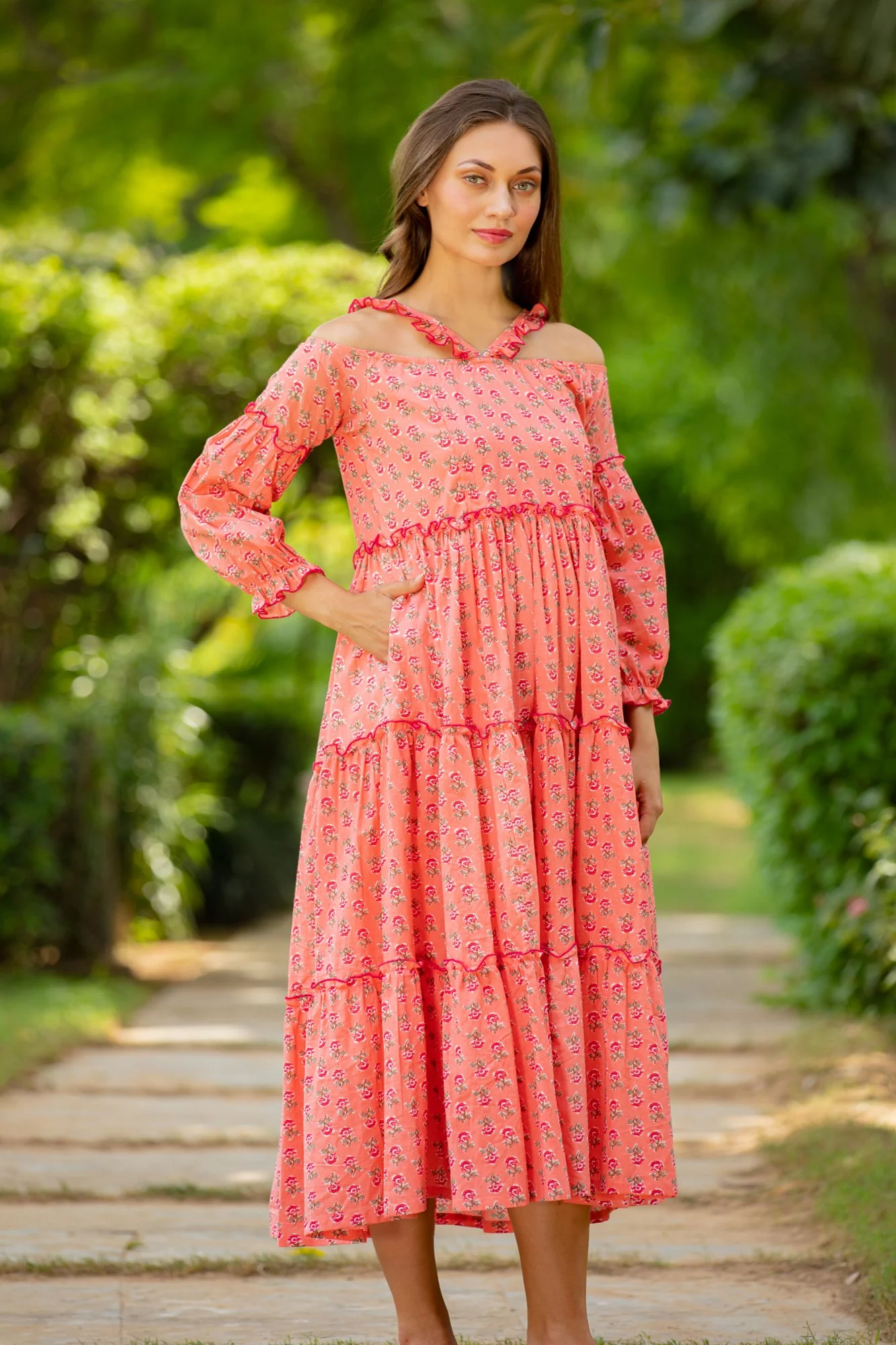 Peony Pink Maternity & Nursing Frill Cotton Dress - Chenance