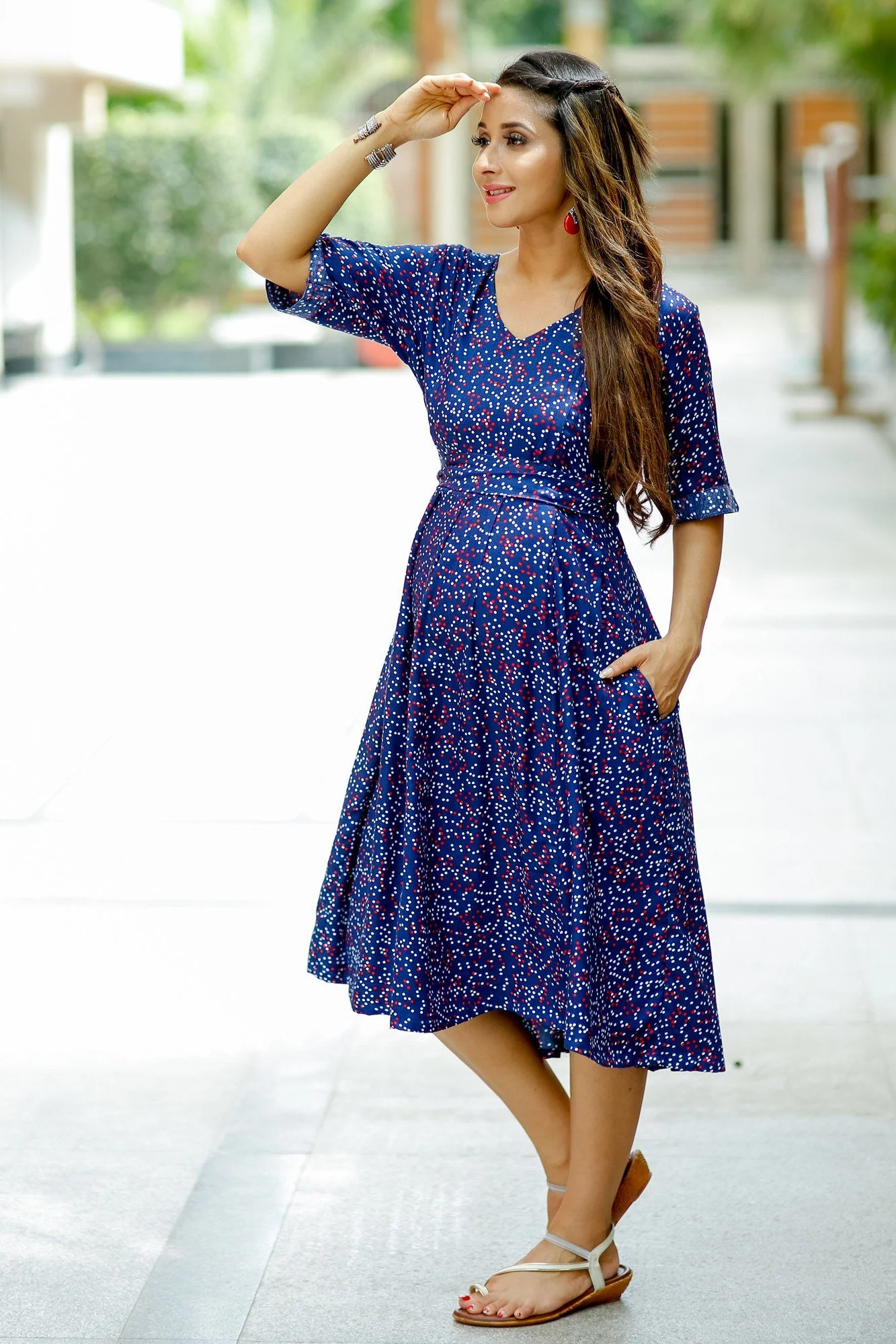 Blue Red White Polka Concealed Zips Maternity & Nursing Dress - Chenance