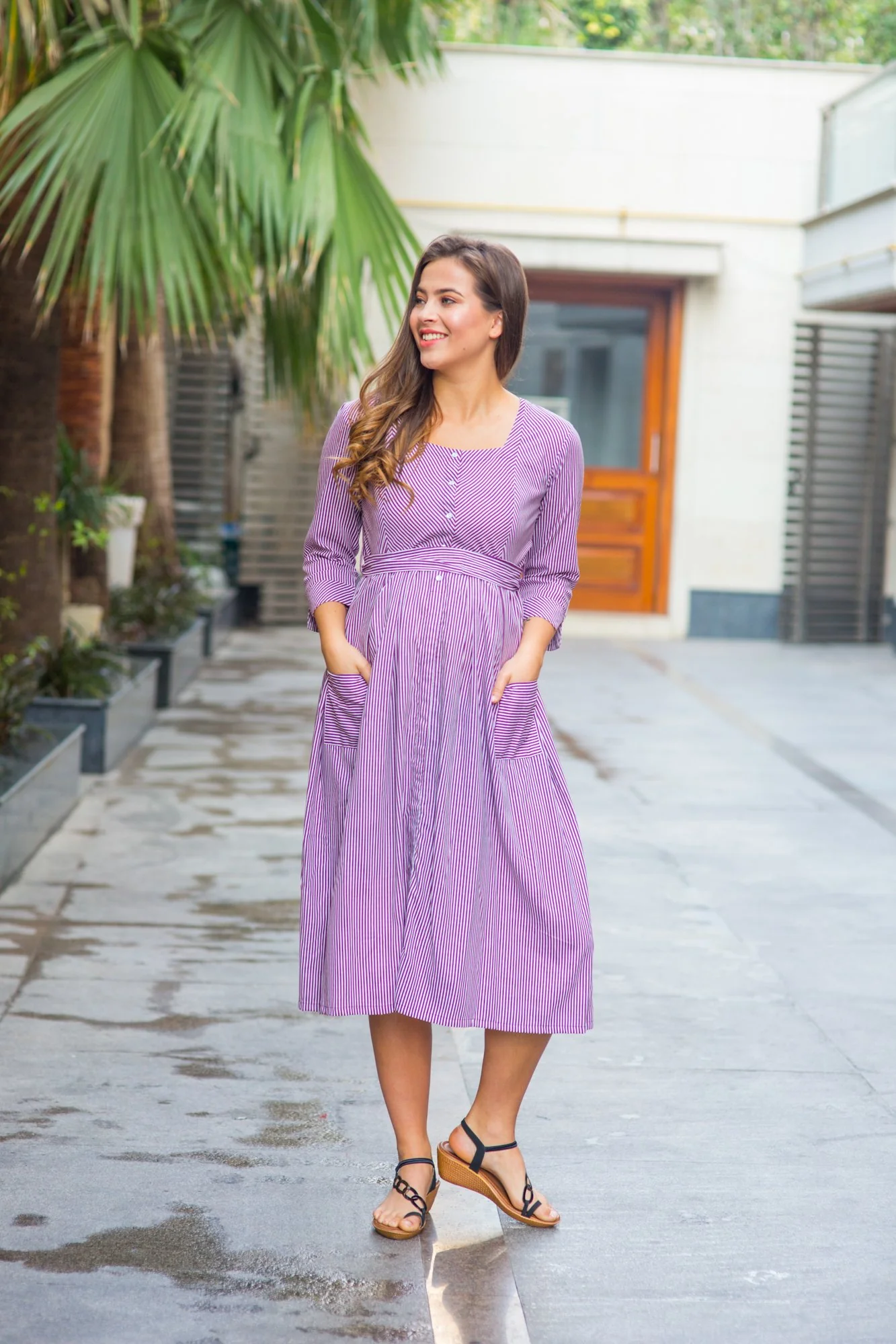 Purple Striped Pocket Maternity & Nursing Dress - Chenance