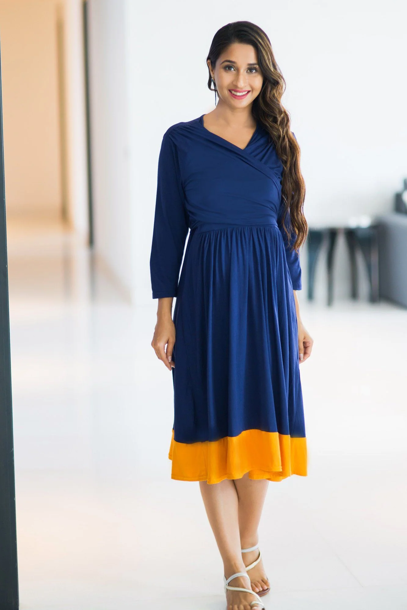 Deep Blue Mustard Wrap Tie Maternity & Nursing Dress - Chenance