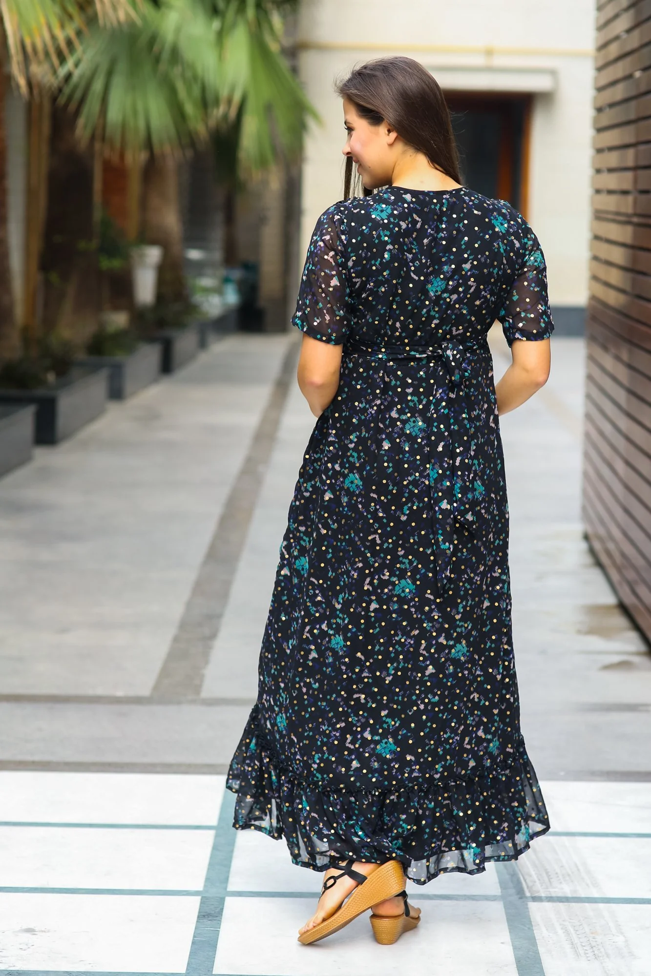 Midnight Gold Embellished Hi-Low Maternity & Nursing Wrap Dress - Chenance