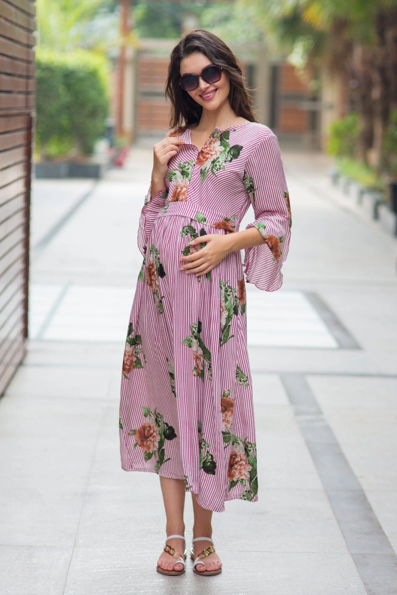 Striped Floral Boho Maternity & Nursing Dress - Chenance
