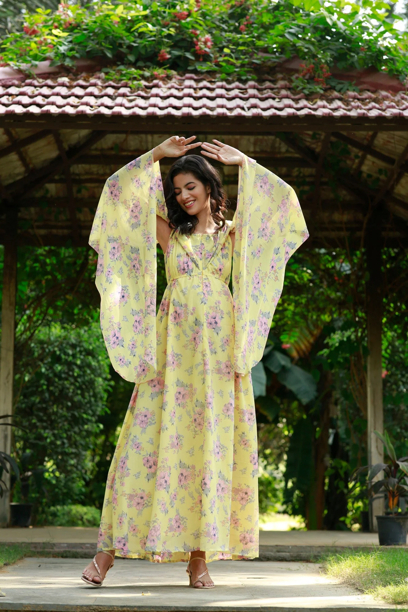 Lemon Pink Blossom Flying Sleeves Maternity & Nursing Dress - Chenance