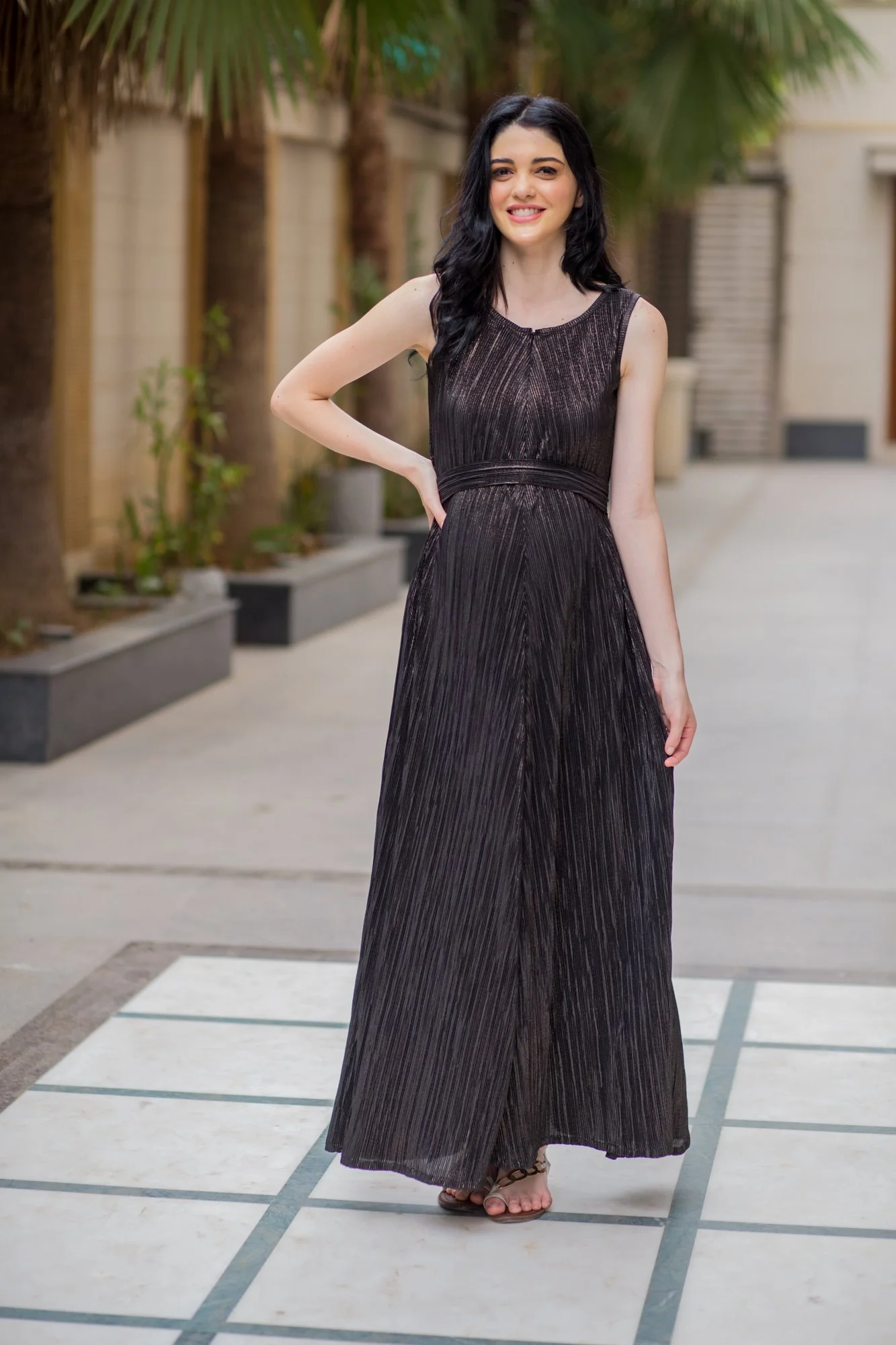 Exclusive Black Gold Pleated Maternity & Nursing Dress - Chenance