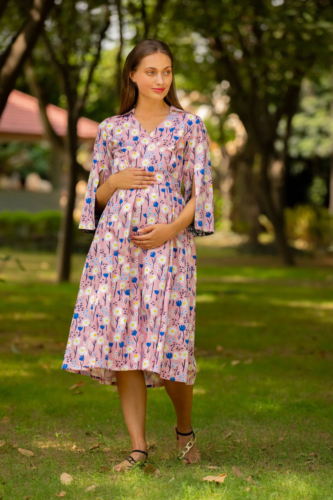Carolina Pink Floral Unique Sleeves Maternity & Nursing Dress - Chenance