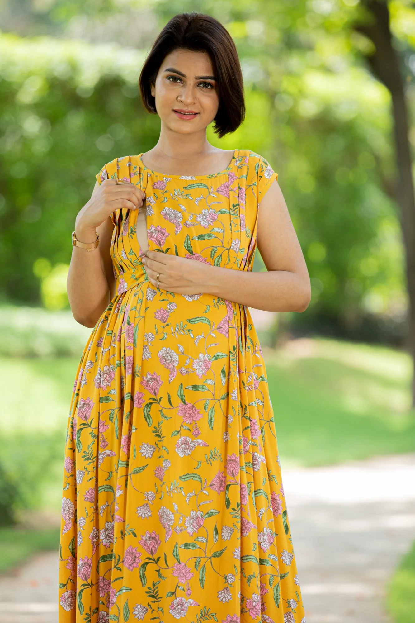 Yellow Lilly Pintucks Concealed Zips Dress - Chenance