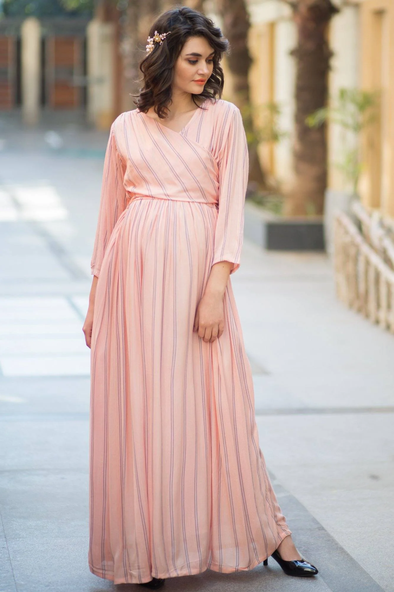 Peach Striped Maternity & Nursing Wrap Dress - Chenance