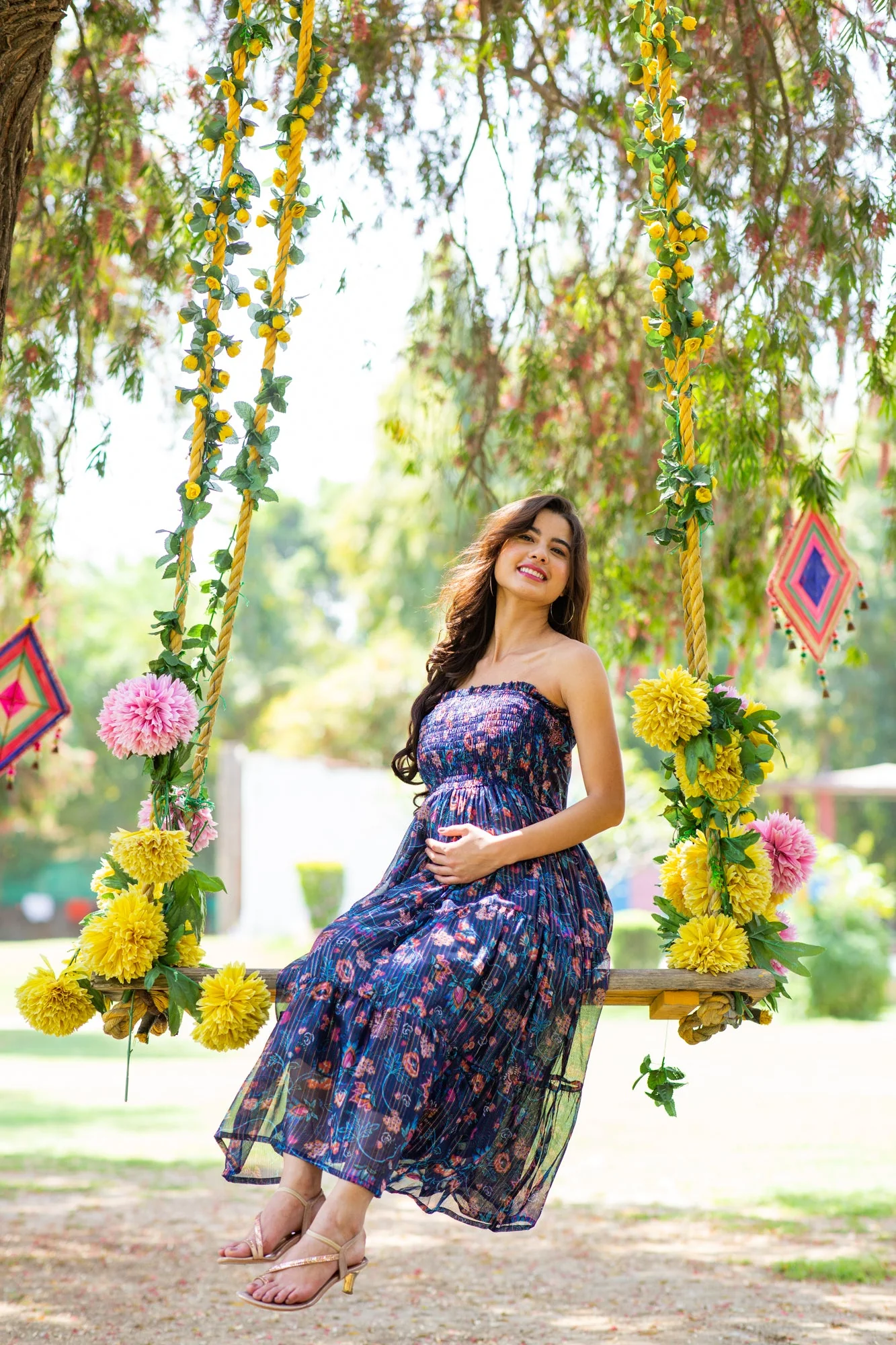 Midnight Chiffon Floral Maternity Off-Shoulder Frill Dress - Chenance