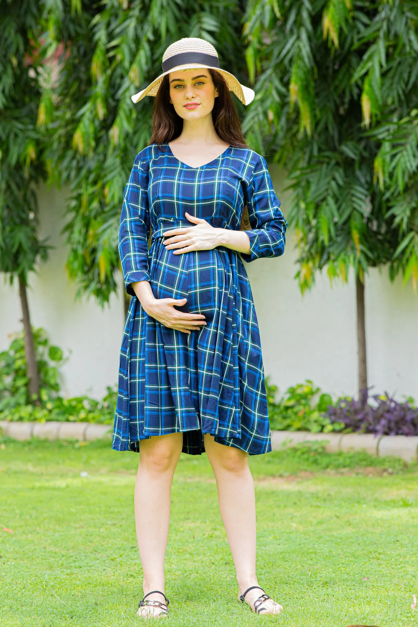 Indigo Plaid Concealed Zips Maternity and Nursing Dress - Chenance