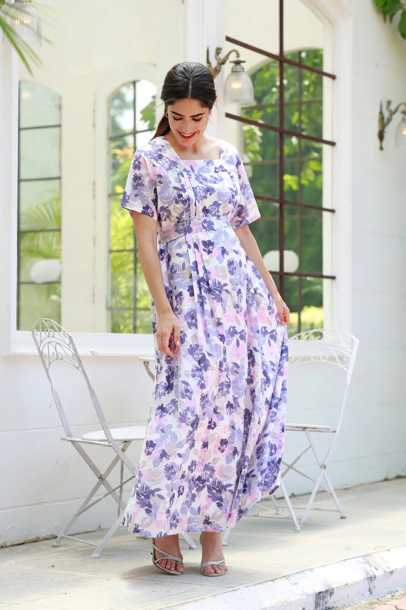 Restful Lavender Floral Maternity & Nursing Concealed Zips Night Dress - Chenance