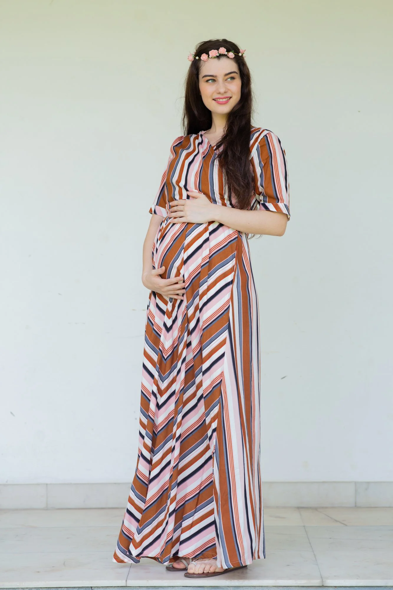 Rainbow Striped Maternity & Nursing Wrap Dress - Chenance