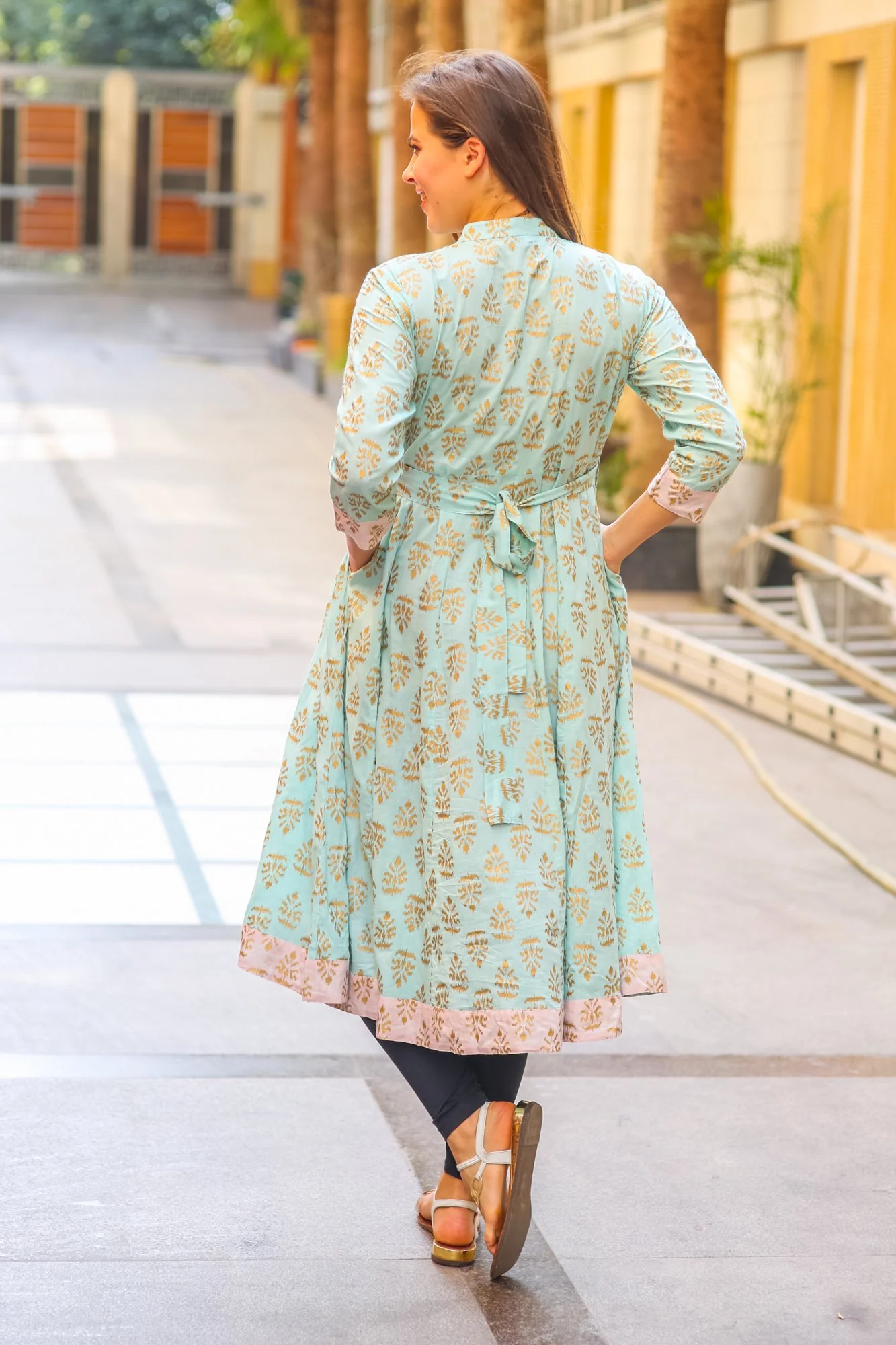 Mint Blue Gold Block Print Silk Maternity & Nursing Kurta - Chenance