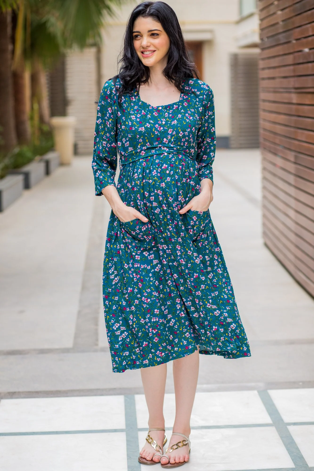 Pine Green Floral Pocket Maternity & Nursing Dress - Chenance