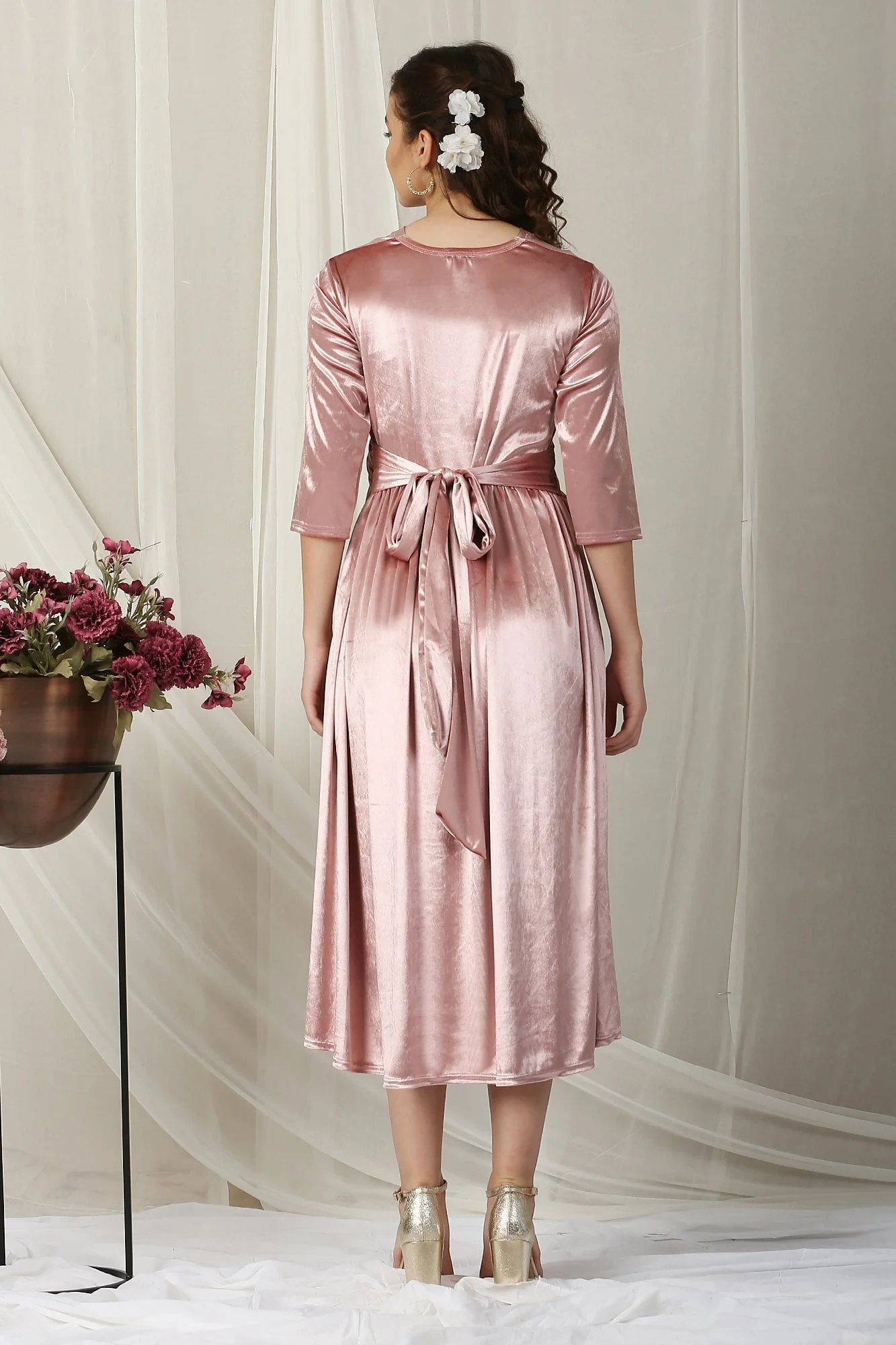 Royal Peach Velvet Knot Dress - Chenance