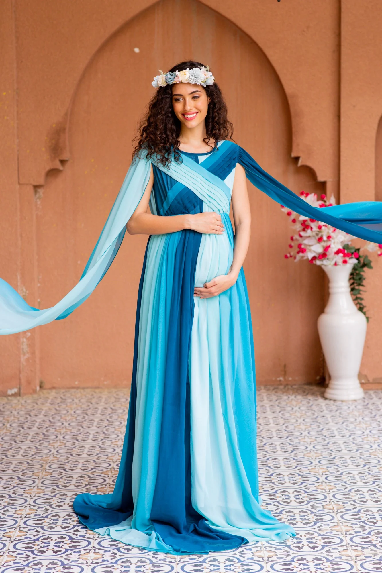 Victoria Blue Monochromatic Maternity Trail Photoshoot Gown - Chenance