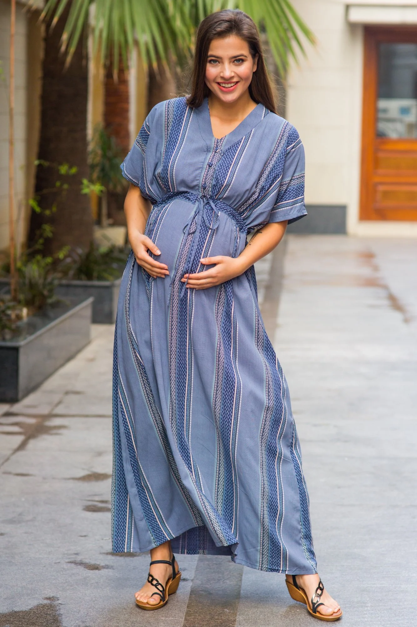 Set of 2 - Kimono Indigo Stripe Delivery Gown + Matching Baby Swaddle - Chenance