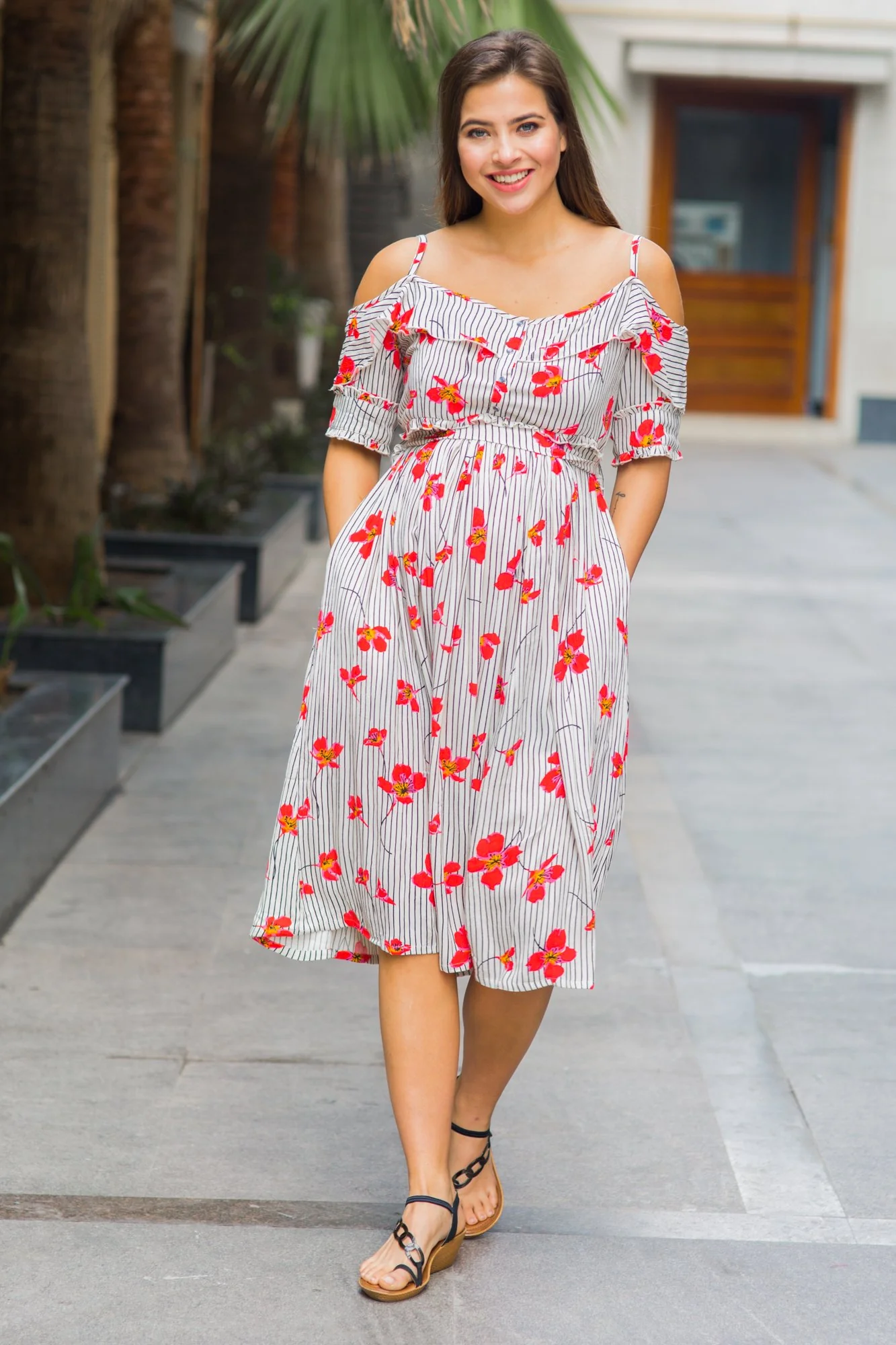 Exclusive Grey Red Stripe Front Zip Maternity & Nursing Maxi Dress - Chenance