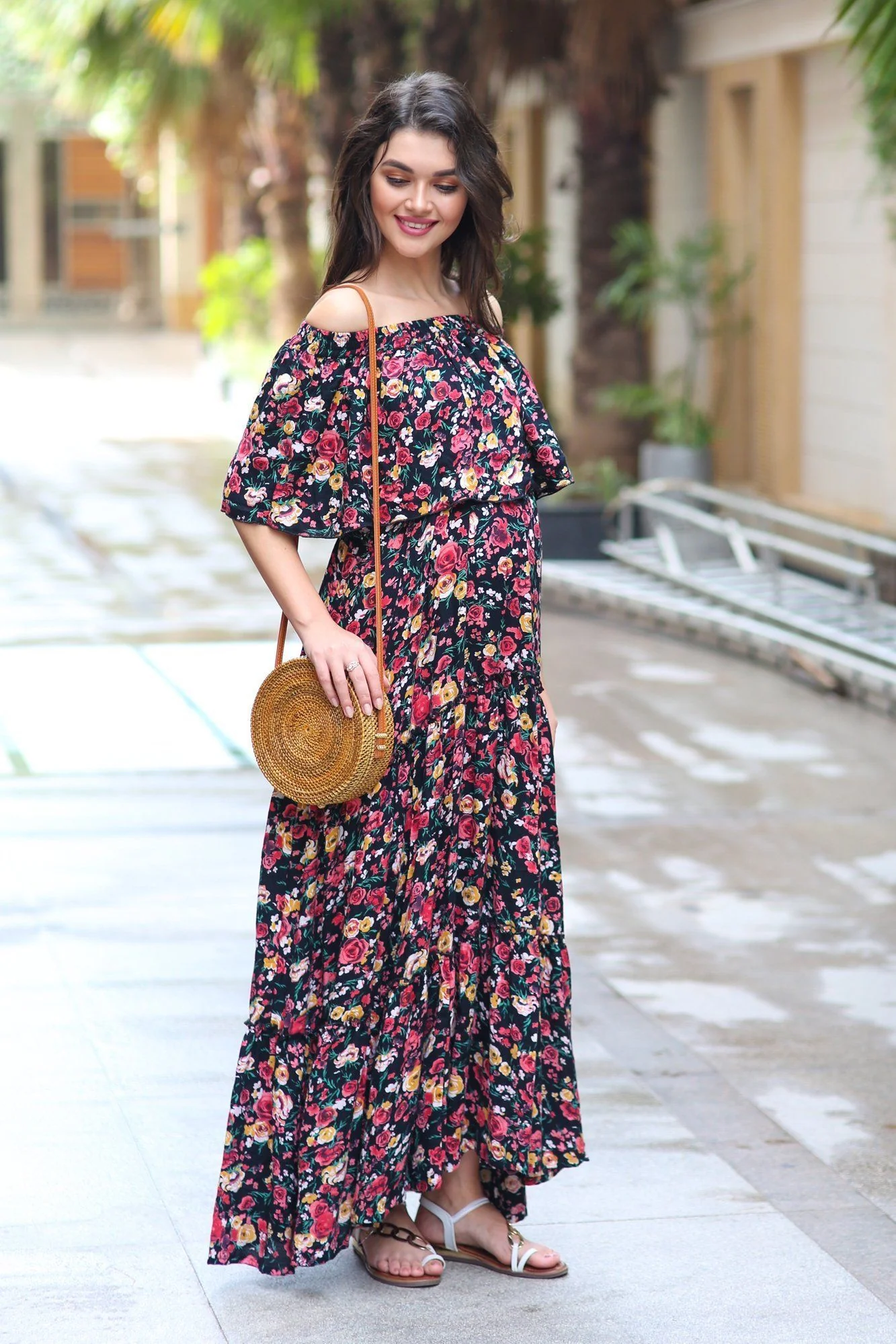 Midnight Blossom Off-Shoulder Maternity Maxi Dress - Chenance