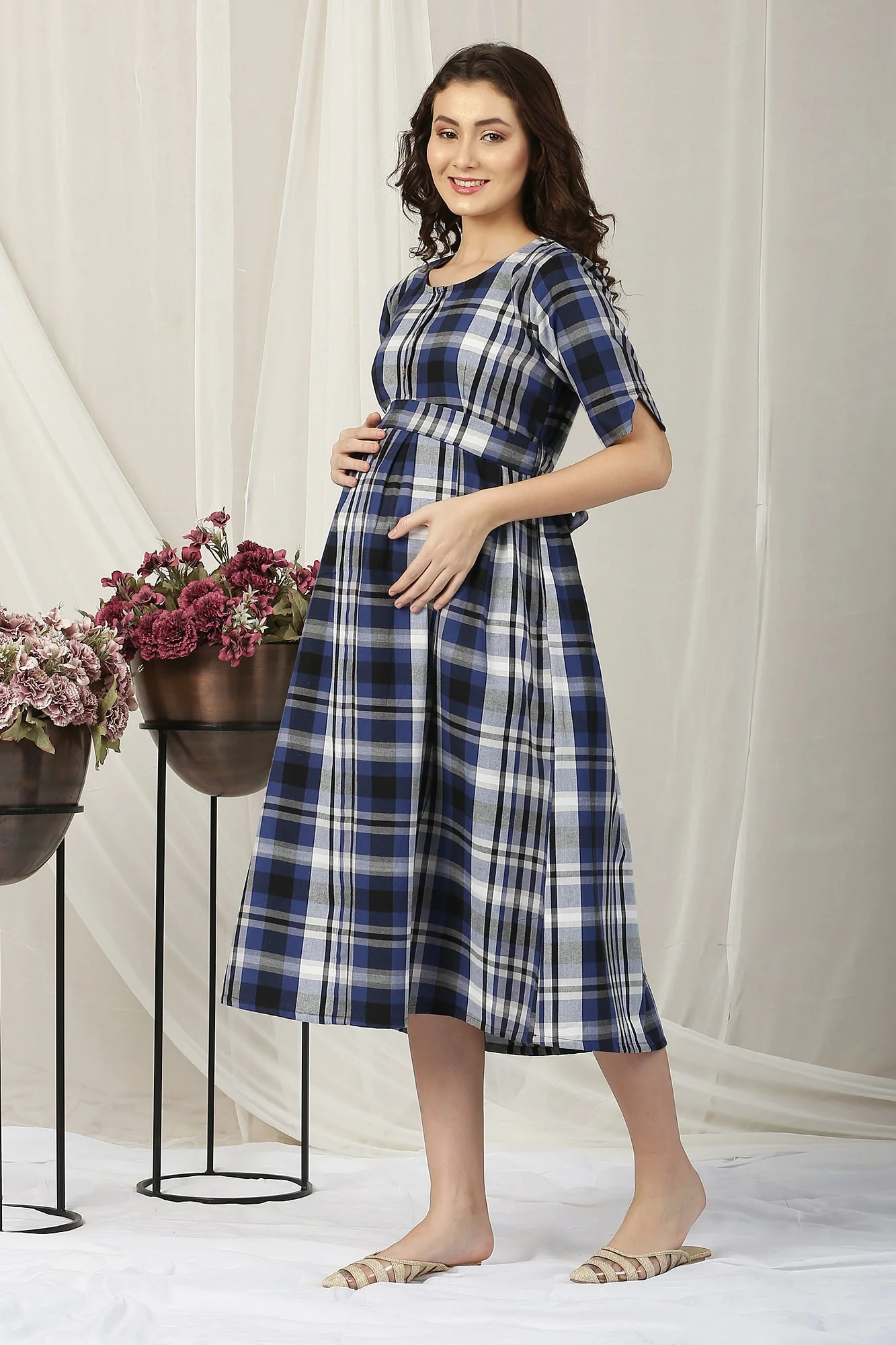 Classy Blue Plaid Maternity & Nursing Dress - Chenance