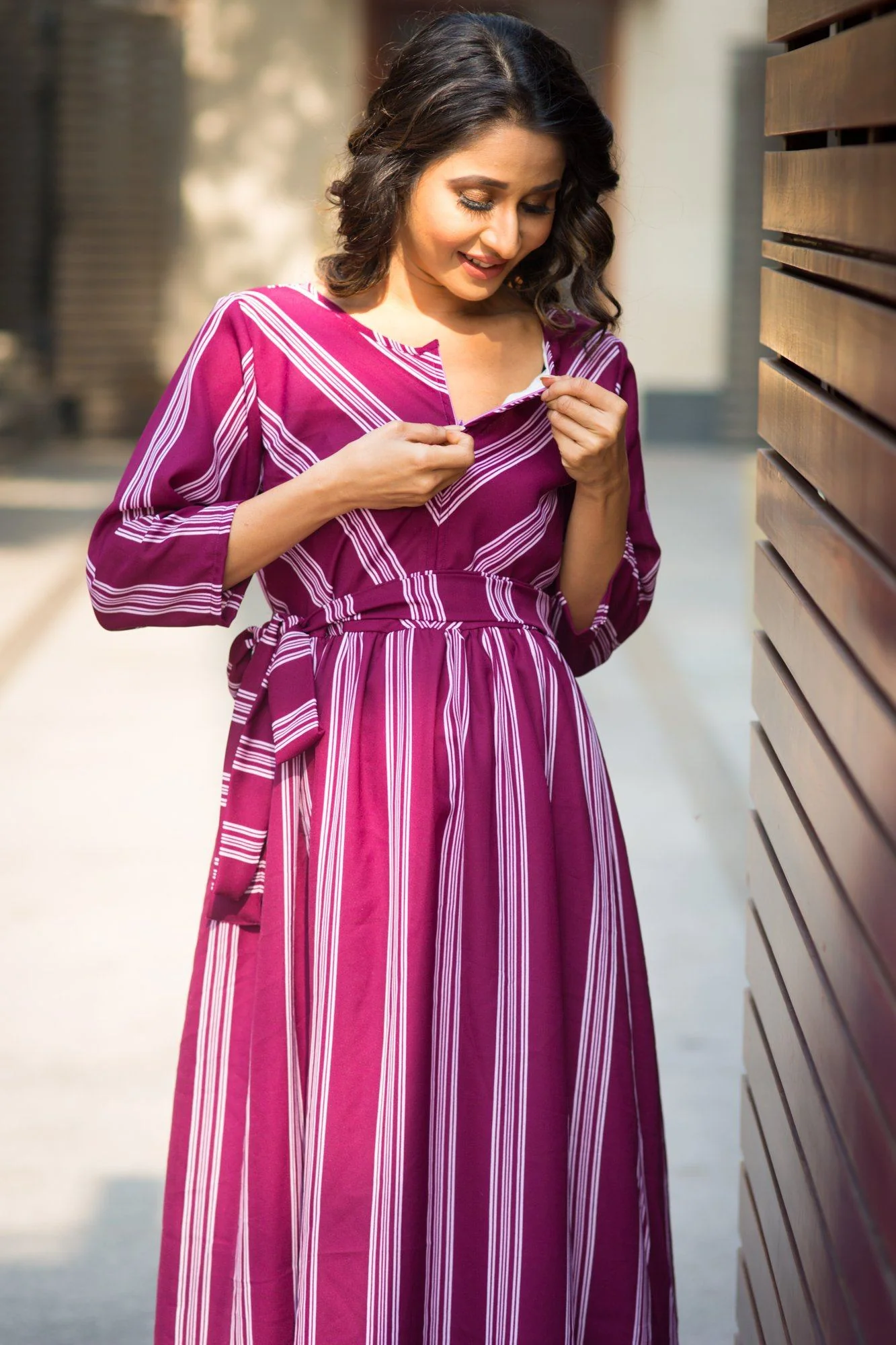Plum Striped Front Zip Maternity & Nursing Crepe Dress - Chenance