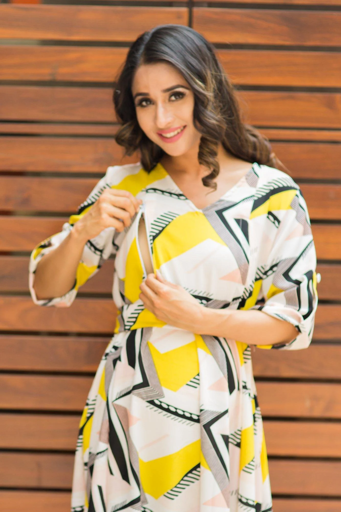 Yellow Peach Mosaic Concealed Zips Maternity & Nursing Dress - Chenance