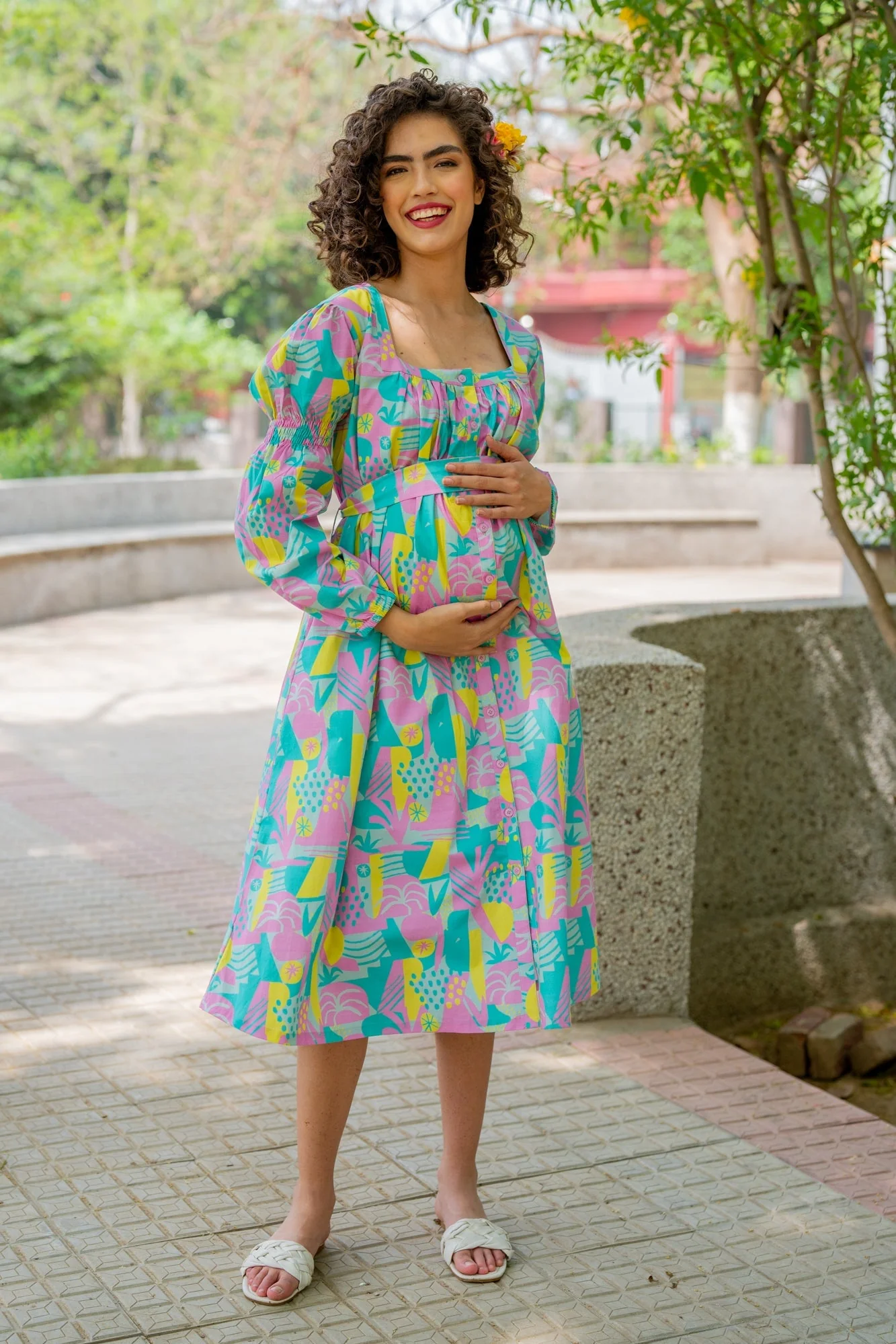 Dusty Blue Yellow Abstract Maternity & Nursing Dress (100% Cotton) - Chenance