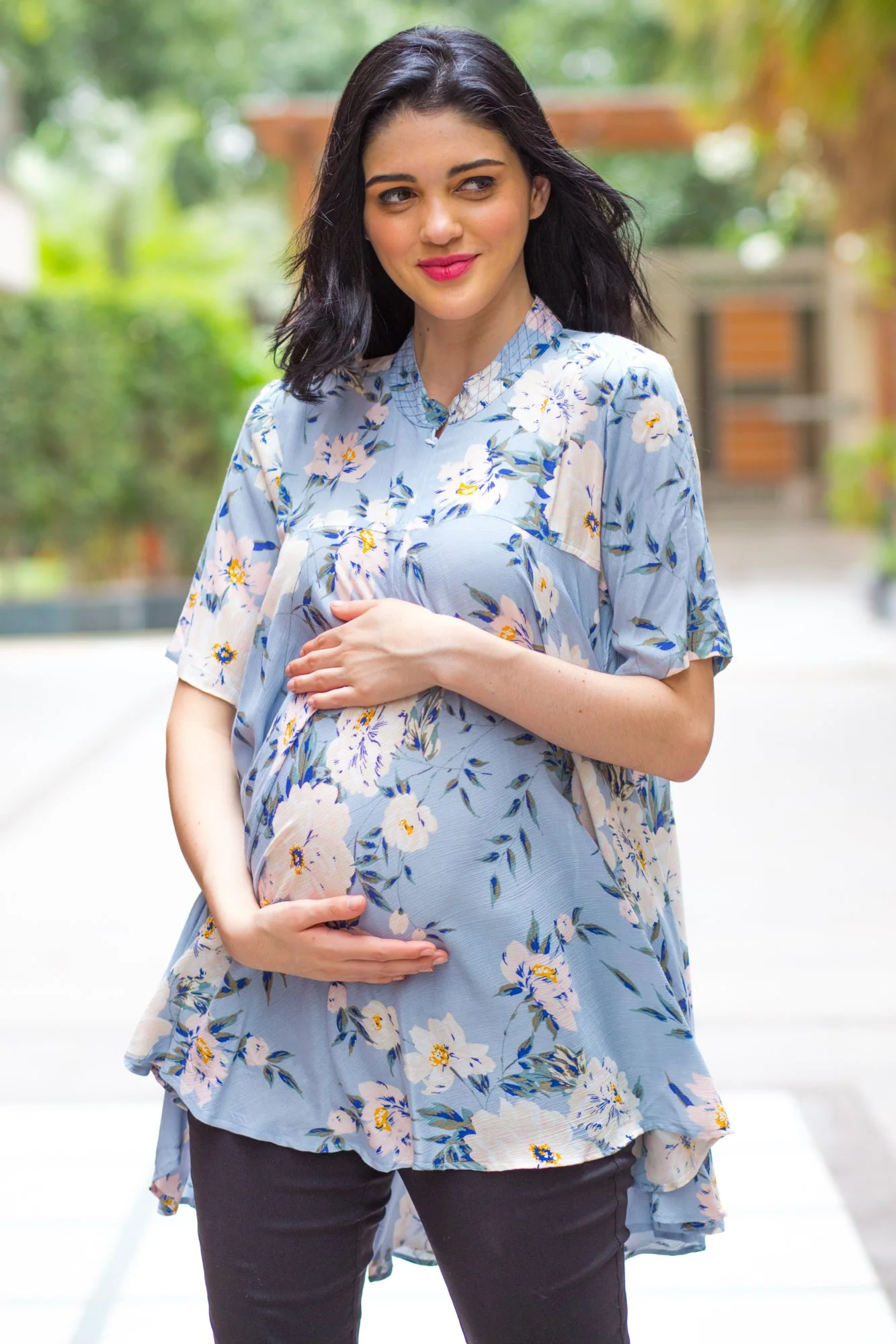 Pastel Blue Floral Flowing Maternity & Nursing Top - Chenance