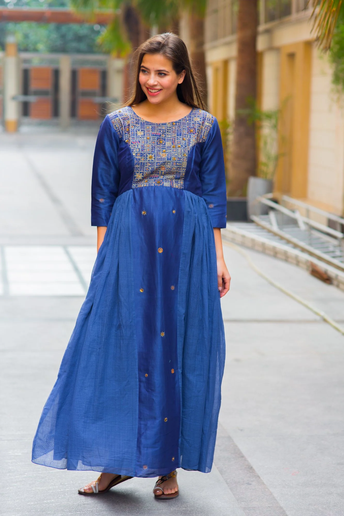 Premium Blue Chanderi Hand Embroidered Maternity & Nursing Dress - Chenance