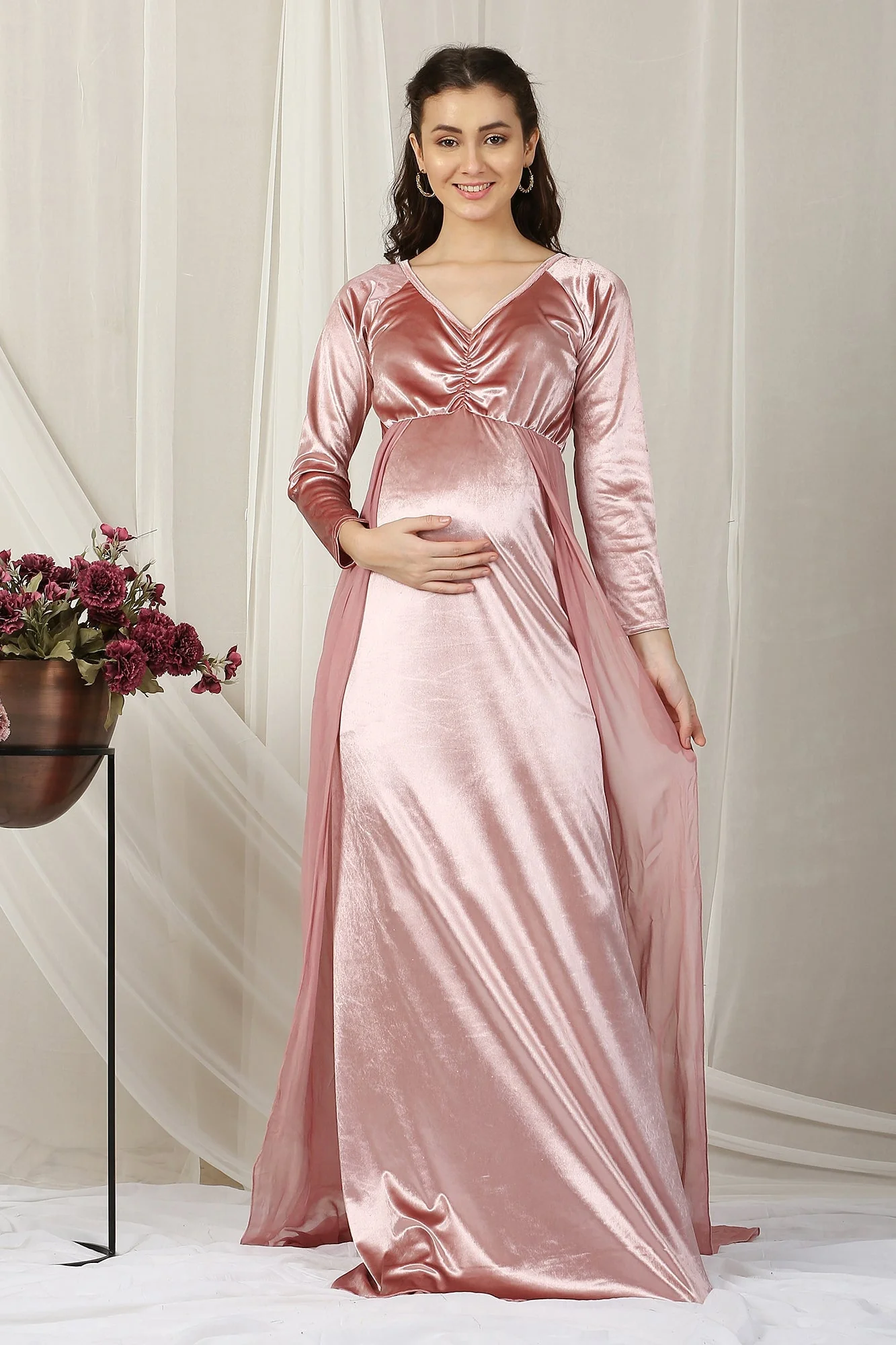 Luxe Sage Pink Trail Maternity Photoshoot Gown - Chenance