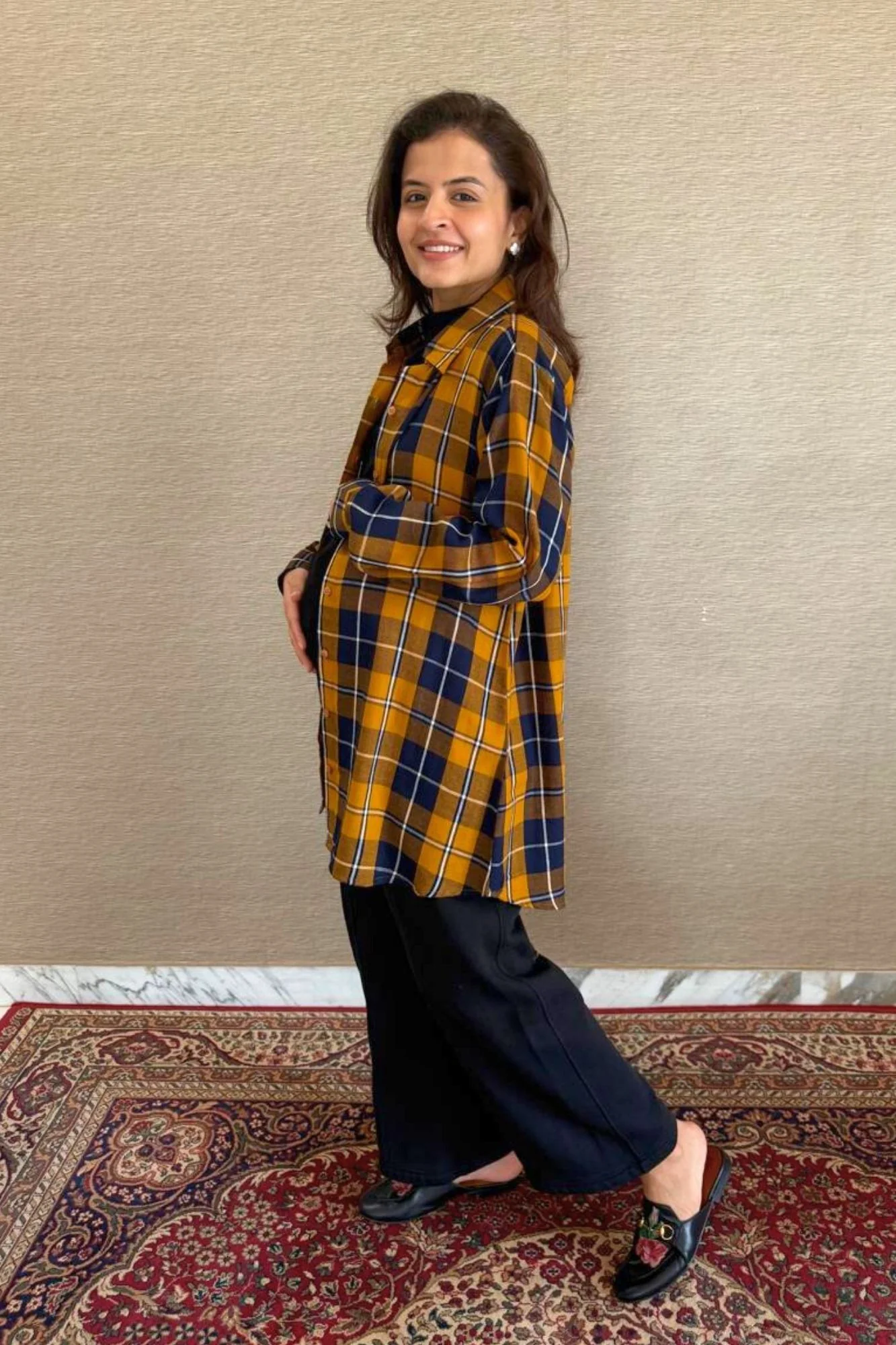 Mustard Blue Plaid Maternity & Nursing Top - Chenance