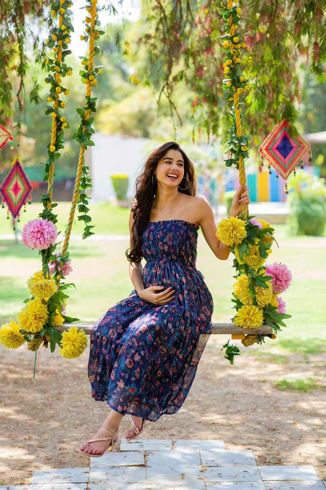 Midnight Chiffon Floral Maternity Off-Shoulder Frill Dress - Chenance