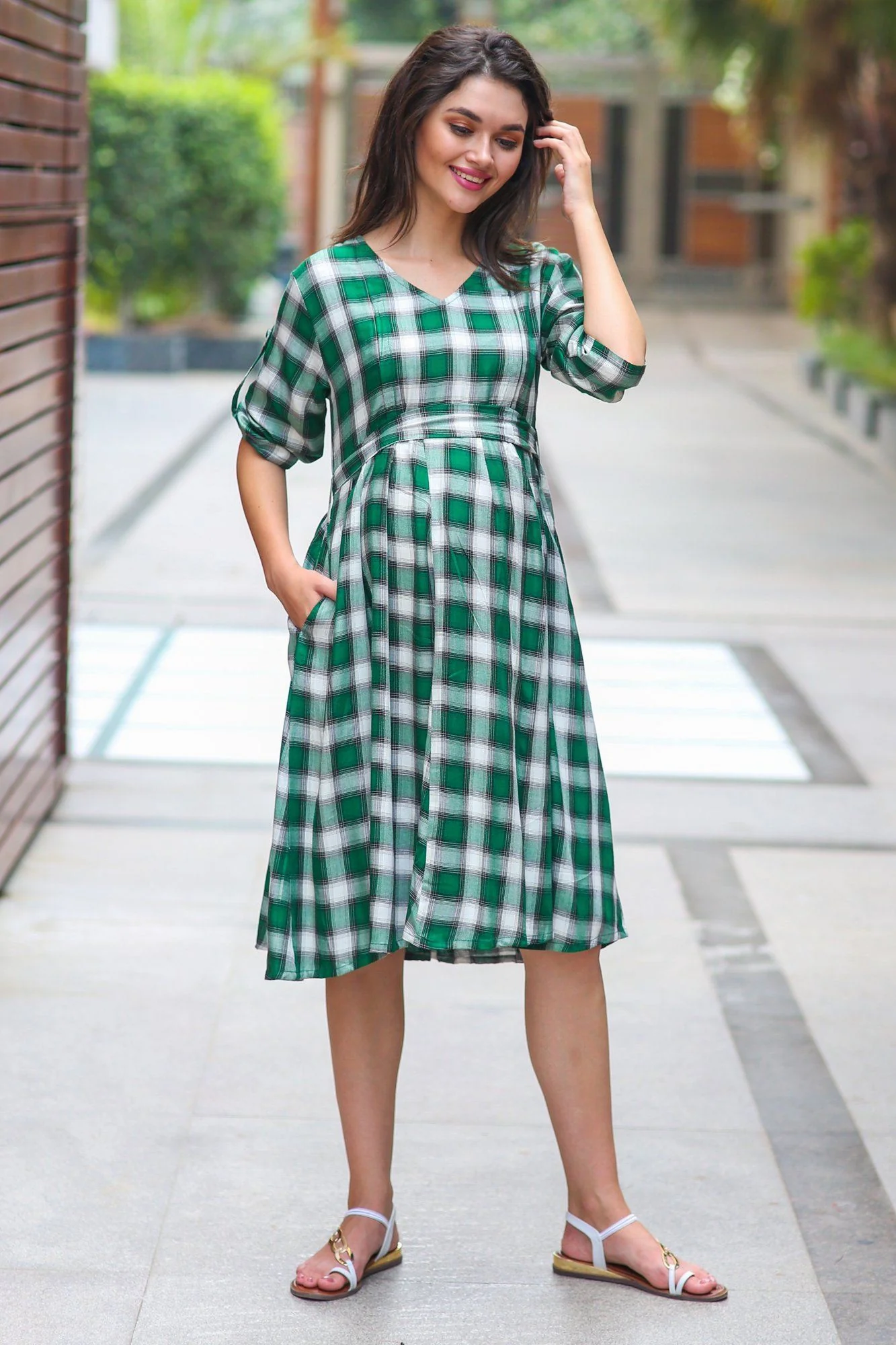 Forest Green Plaid Maternity & Nursing Dress - Chenance