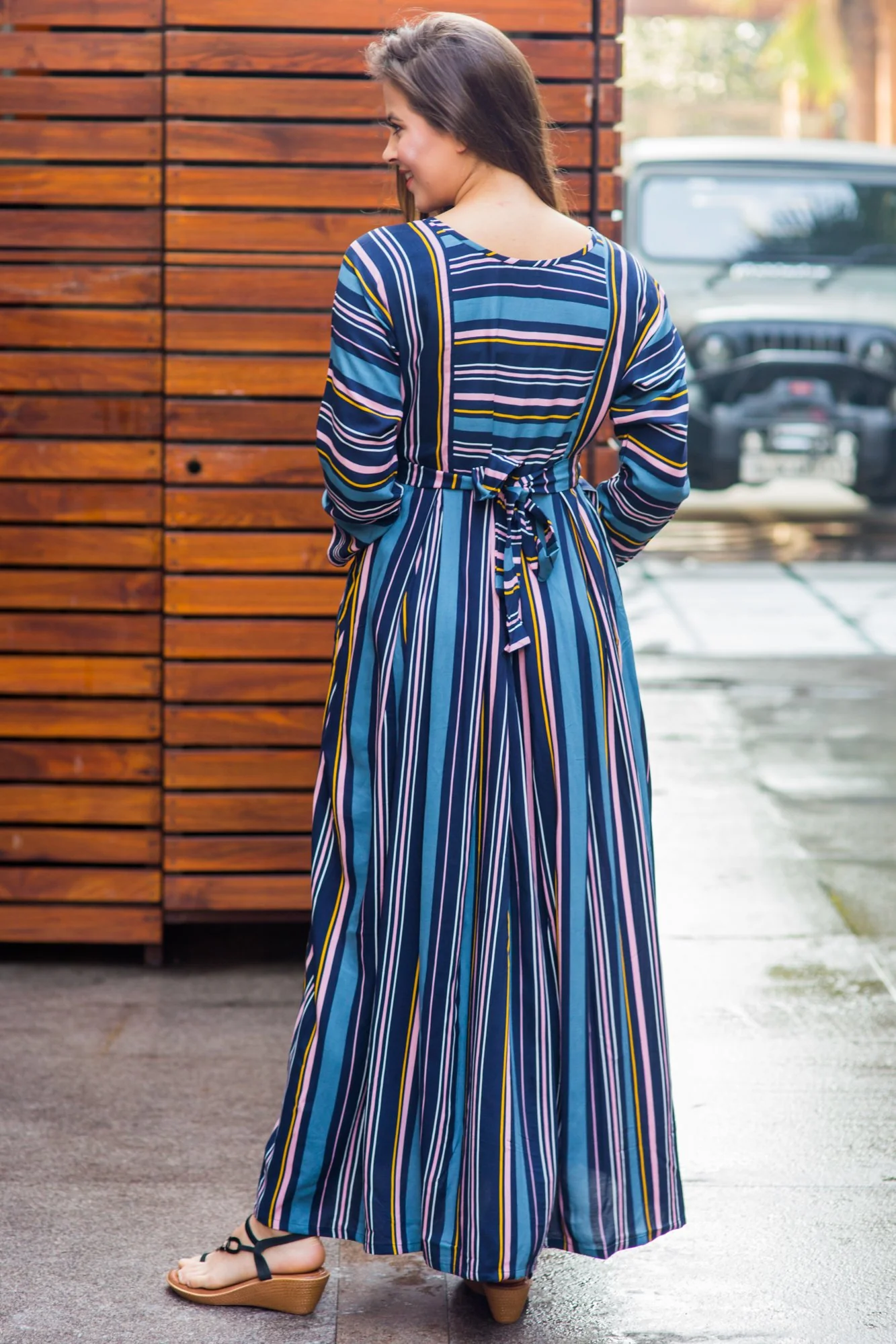 Azure & Peach Soft Viscose Maternity & Nursing Maxi Dress - Chenance