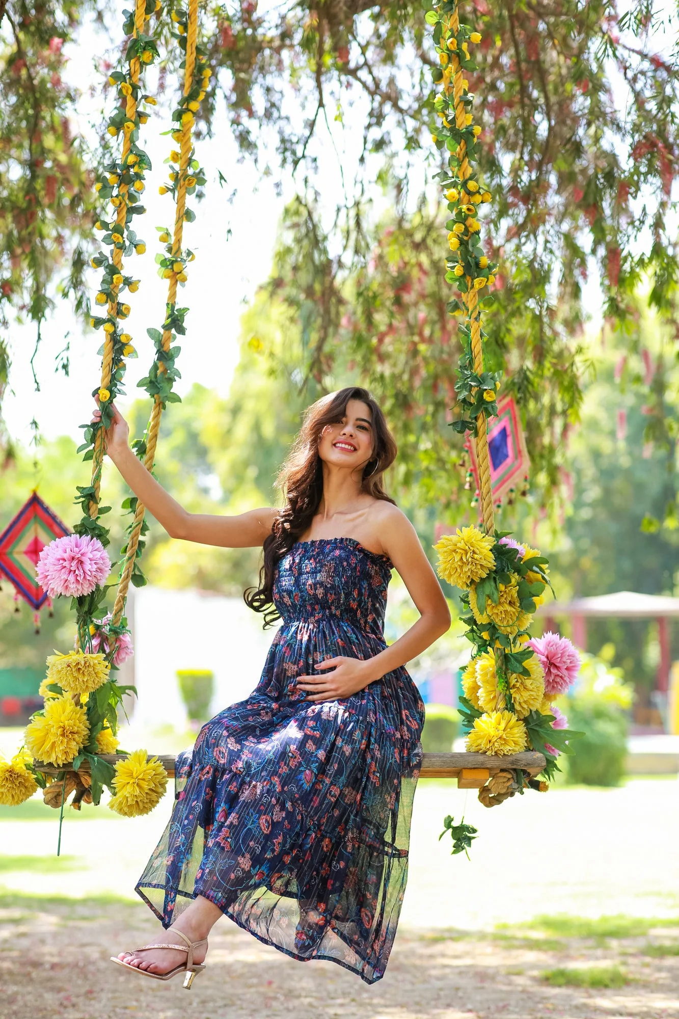 Midnight Chiffon Floral Maternity Off-Shoulder Frill Dress - Chenance