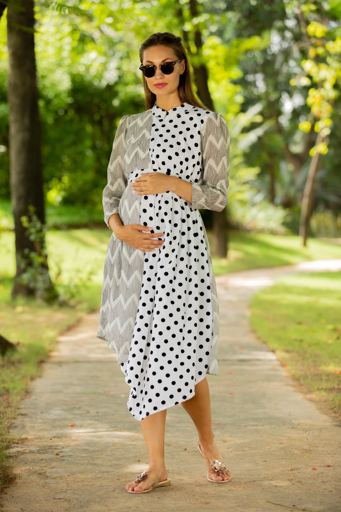 Asymmetrical Zig-Zag High Neck Maternity & Nursing Dress - Chenance