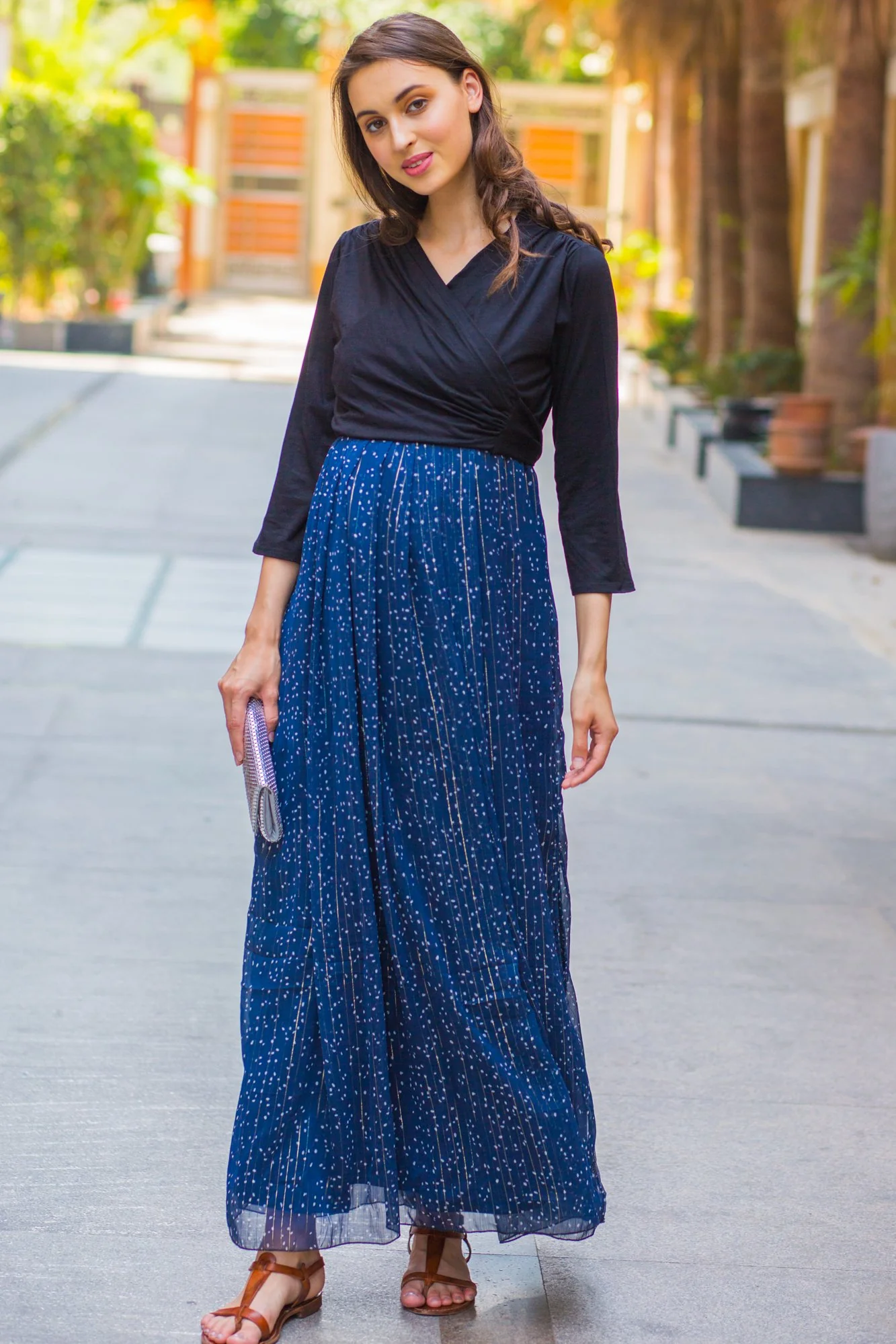 Luxe Blue Chiffon Black Maternity & Nursing Wrap Dress - Chenance