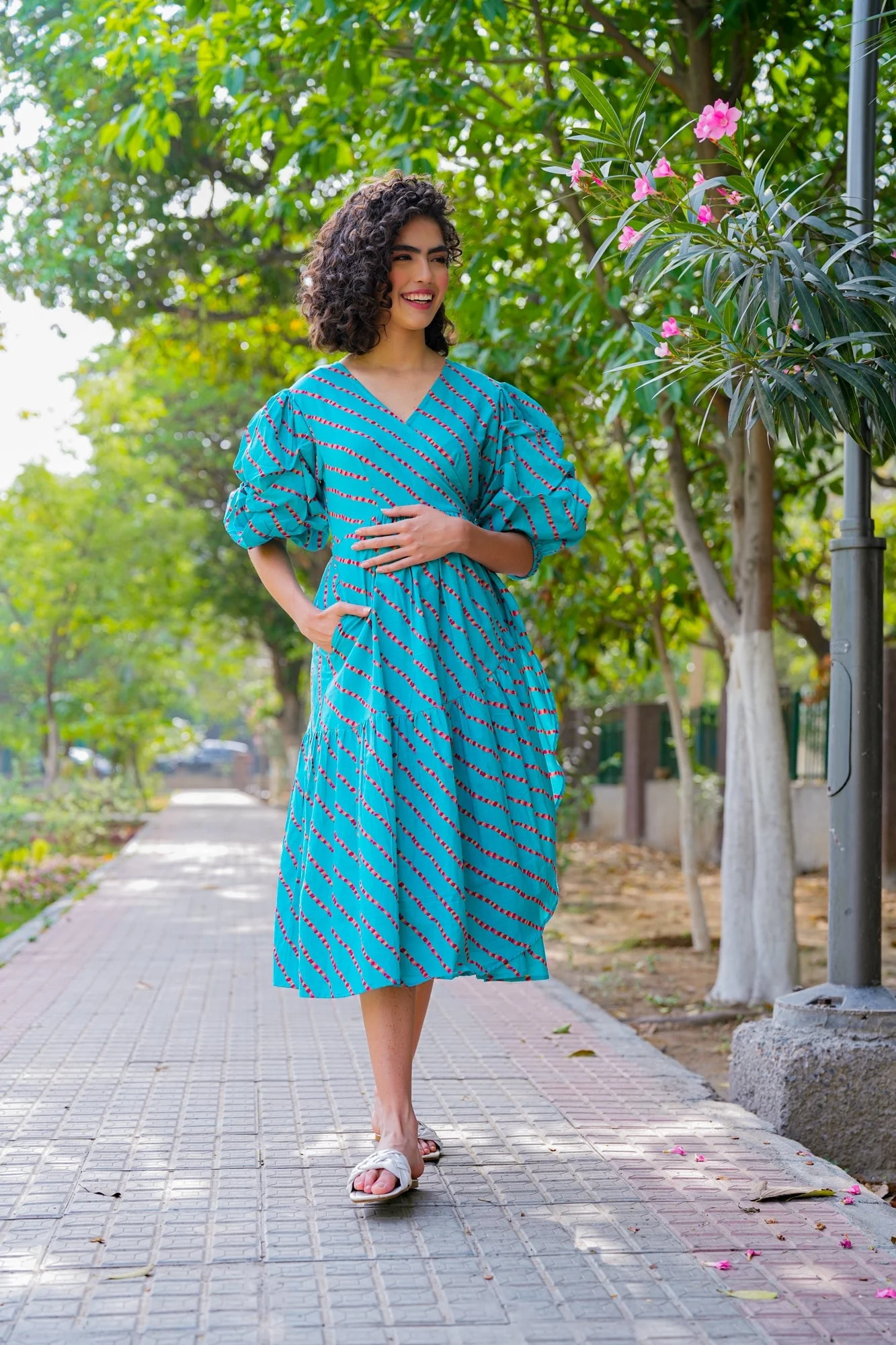 Charming Cerulean Blue Maternity & Nursing Frill Wrap Dress (100% Cotton) - Chenance