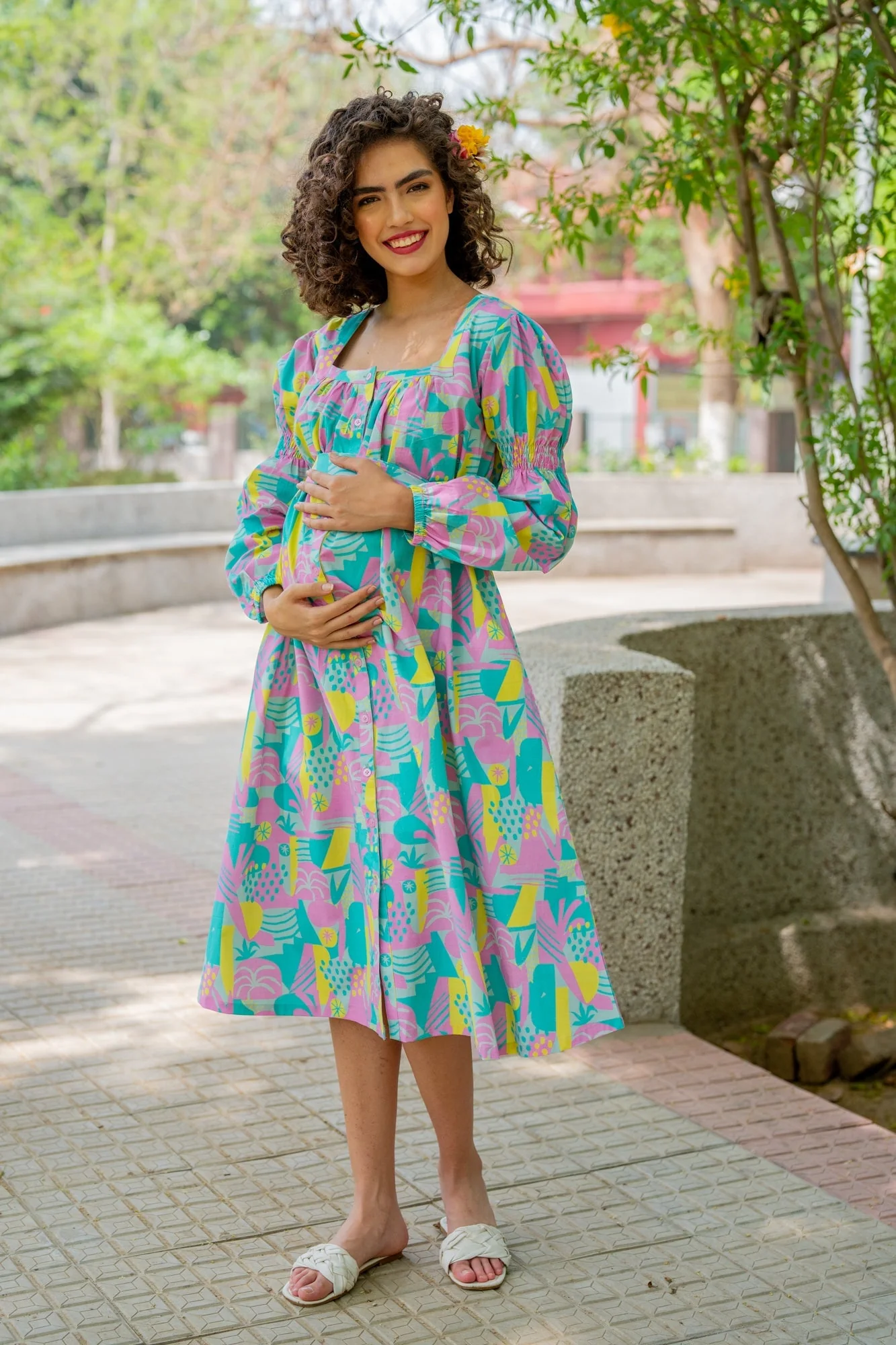 Dusty Blue Yellow Abstract Maternity & Nursing Dress (100% Cotton) - Chenance
