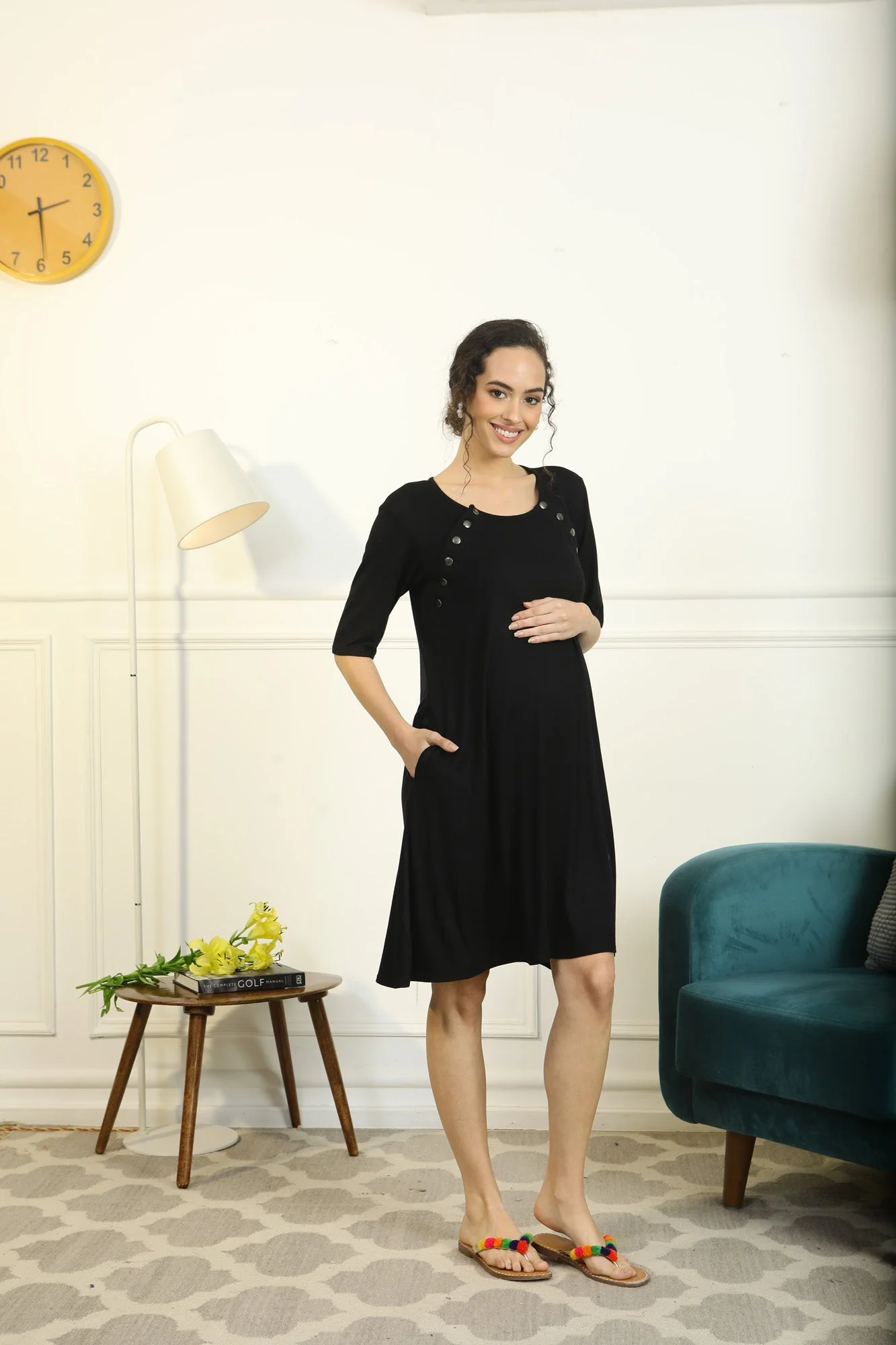 Soft Black Shoulder Snap Maternity & Nursing Night Dress / Delivery Gown/ Lounge Dress - Chenance
