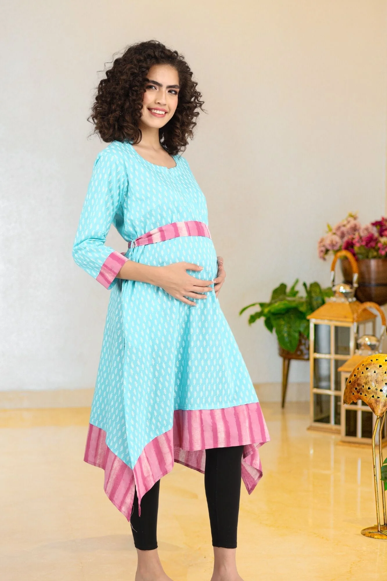 Turquoise Front Zip Nursing Kurta (100% Cotton) - Chenance