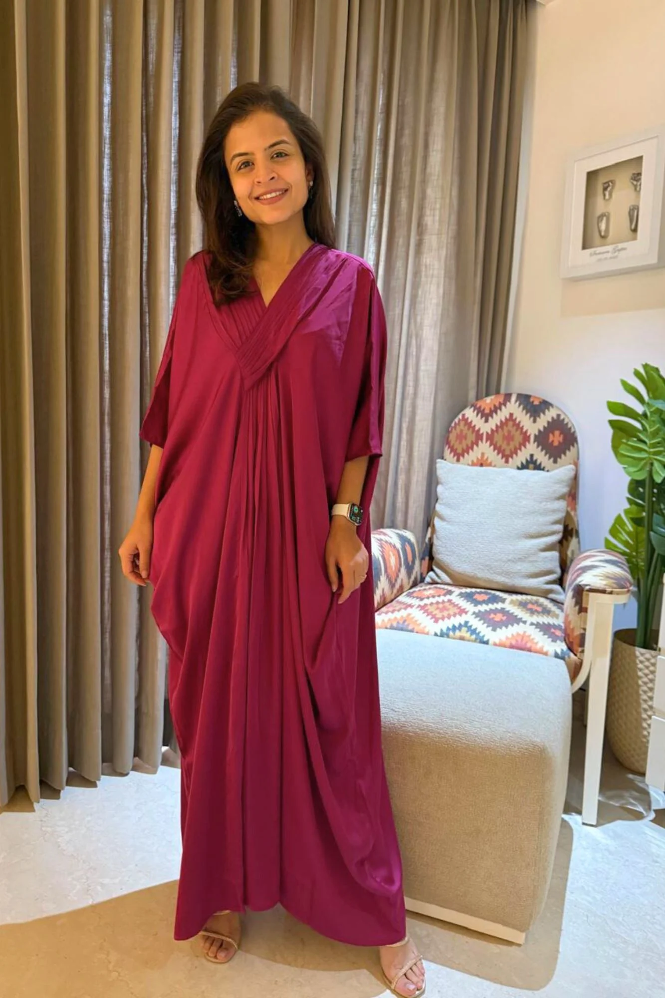 Luxe Hot Pink Satin Maternity Kaftan - Chenance